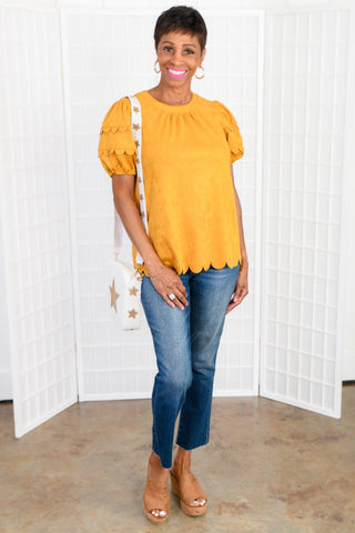 Feeling Sweet Mustard Scalloped Suede Top-Voy-L. Mae Boutique