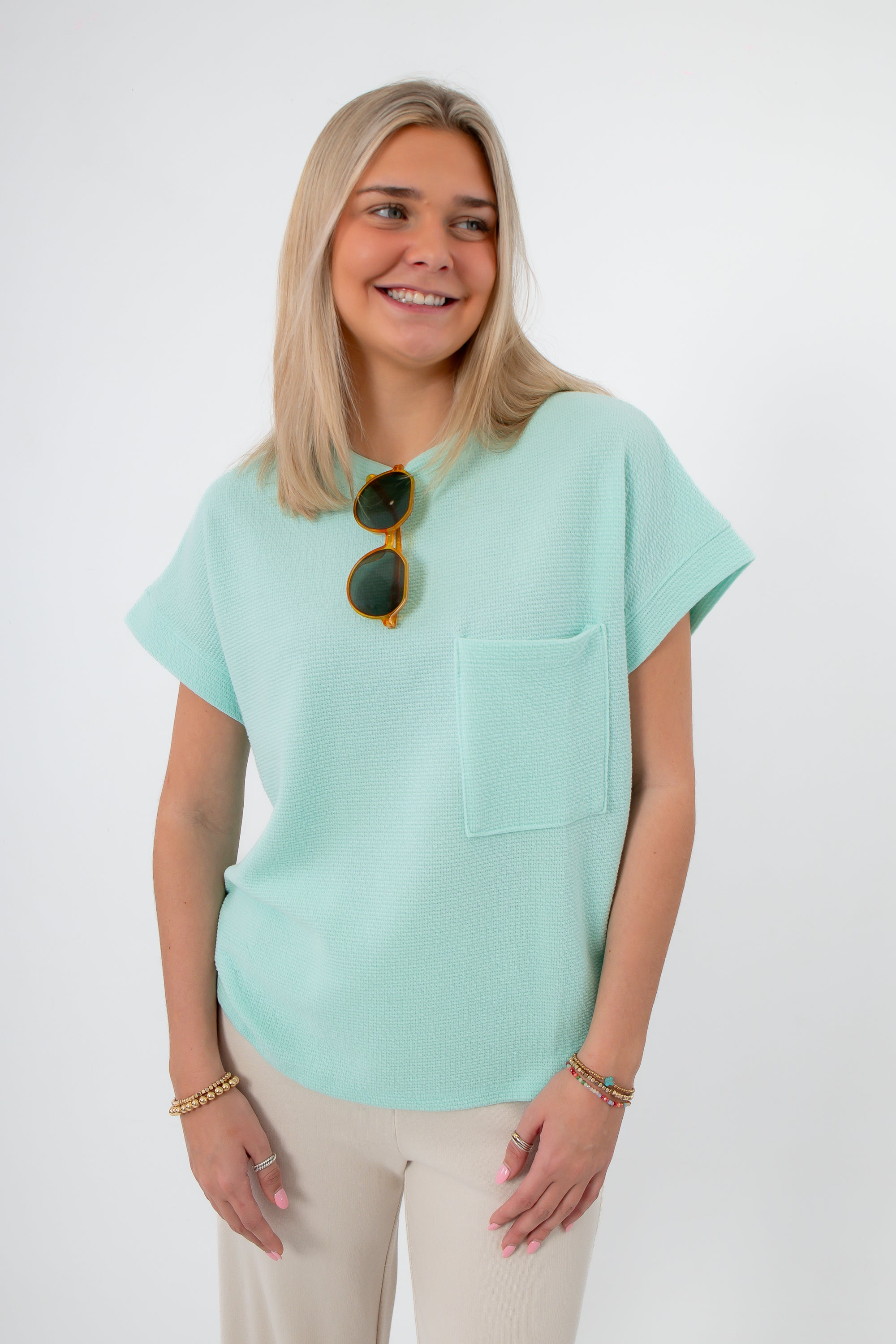 Seafoam ribbed knit short sleeve pocket tee front view