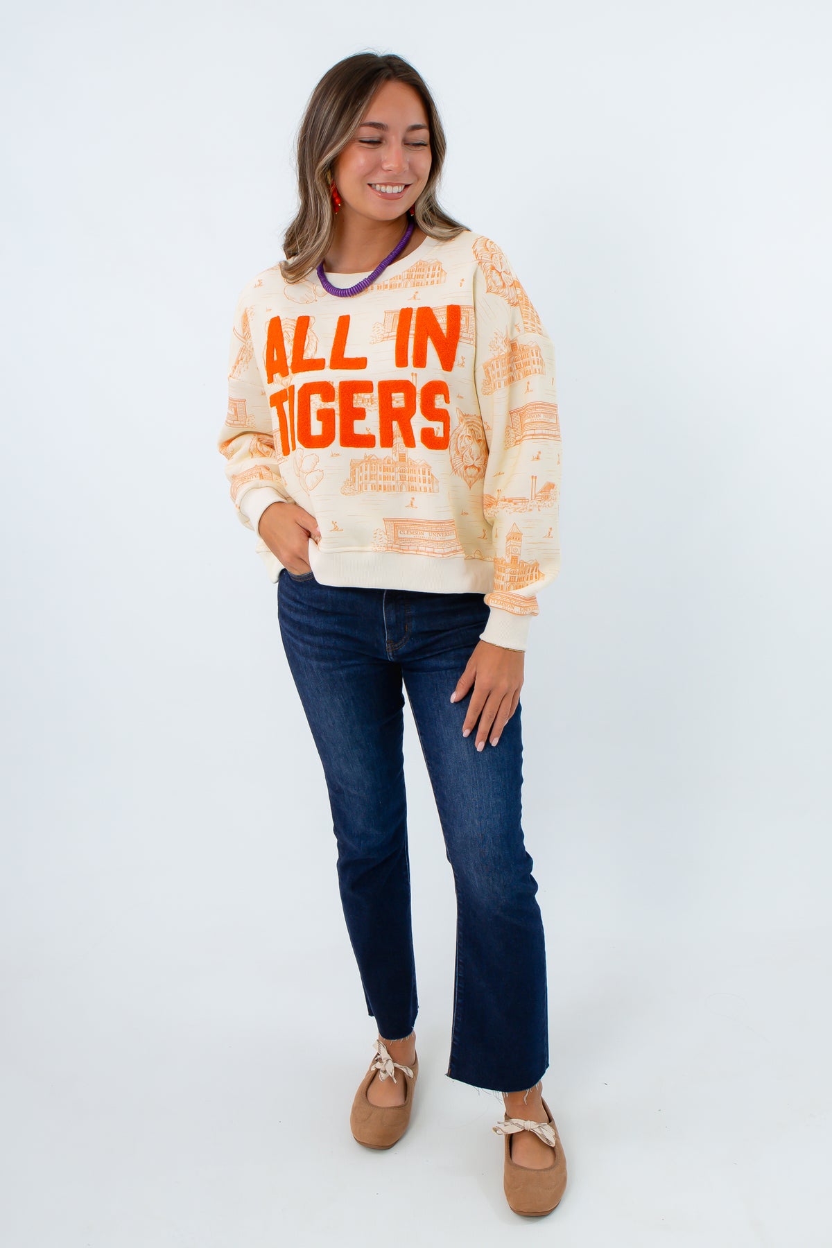 Slightly cropped length Clemson toile sweatshirt with chenille lettering, gift for clemson grads, gift for clemson student