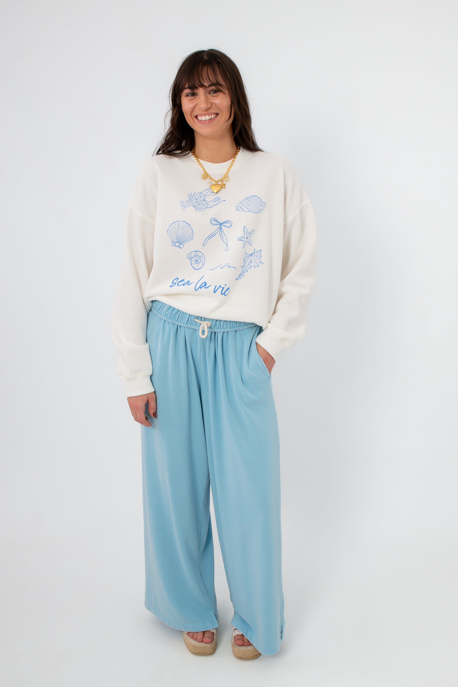 Brandy Blue Fold Over Knit Sweatpant styled outfit