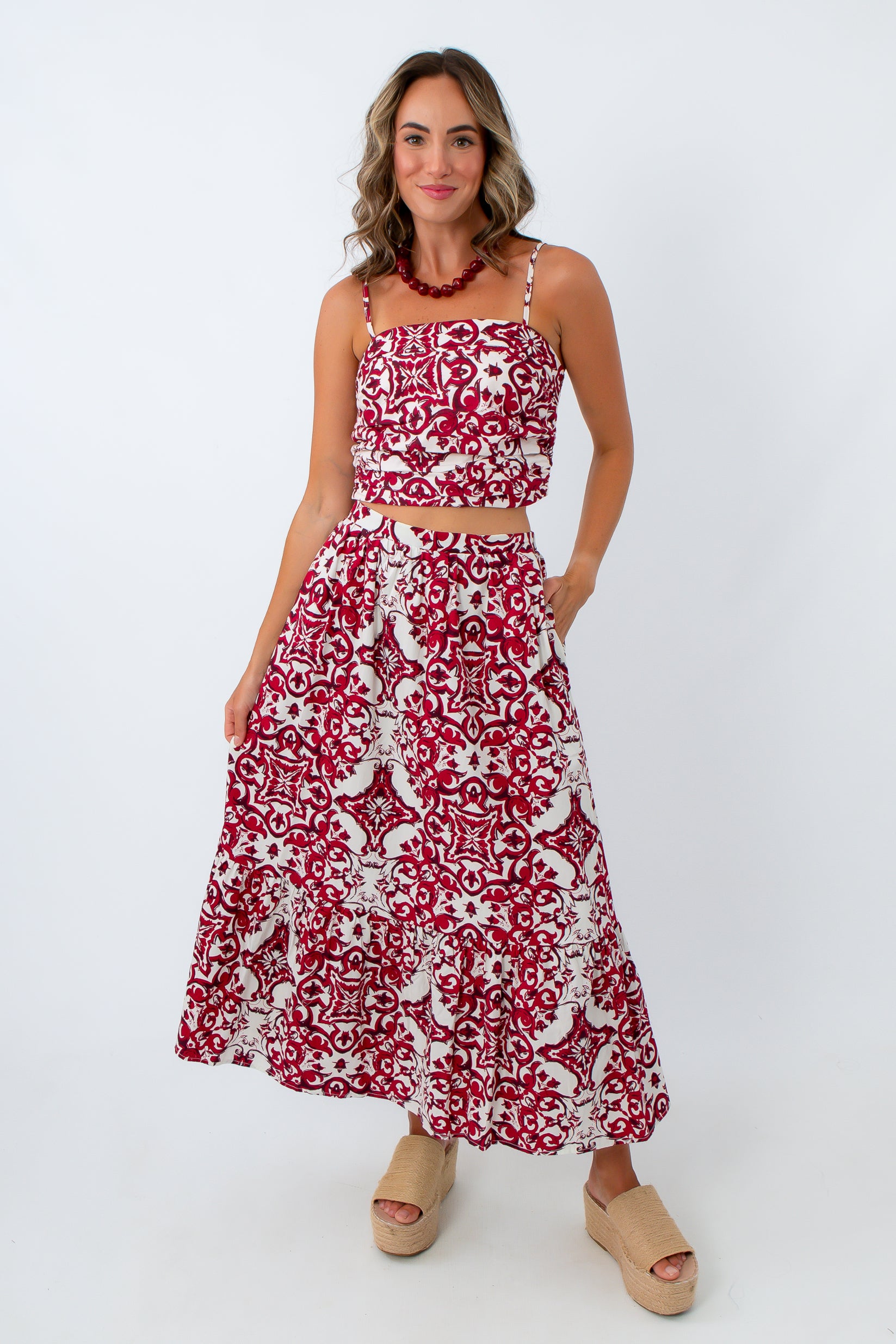 Pep Rally Crimson Patterned Midi Skirt