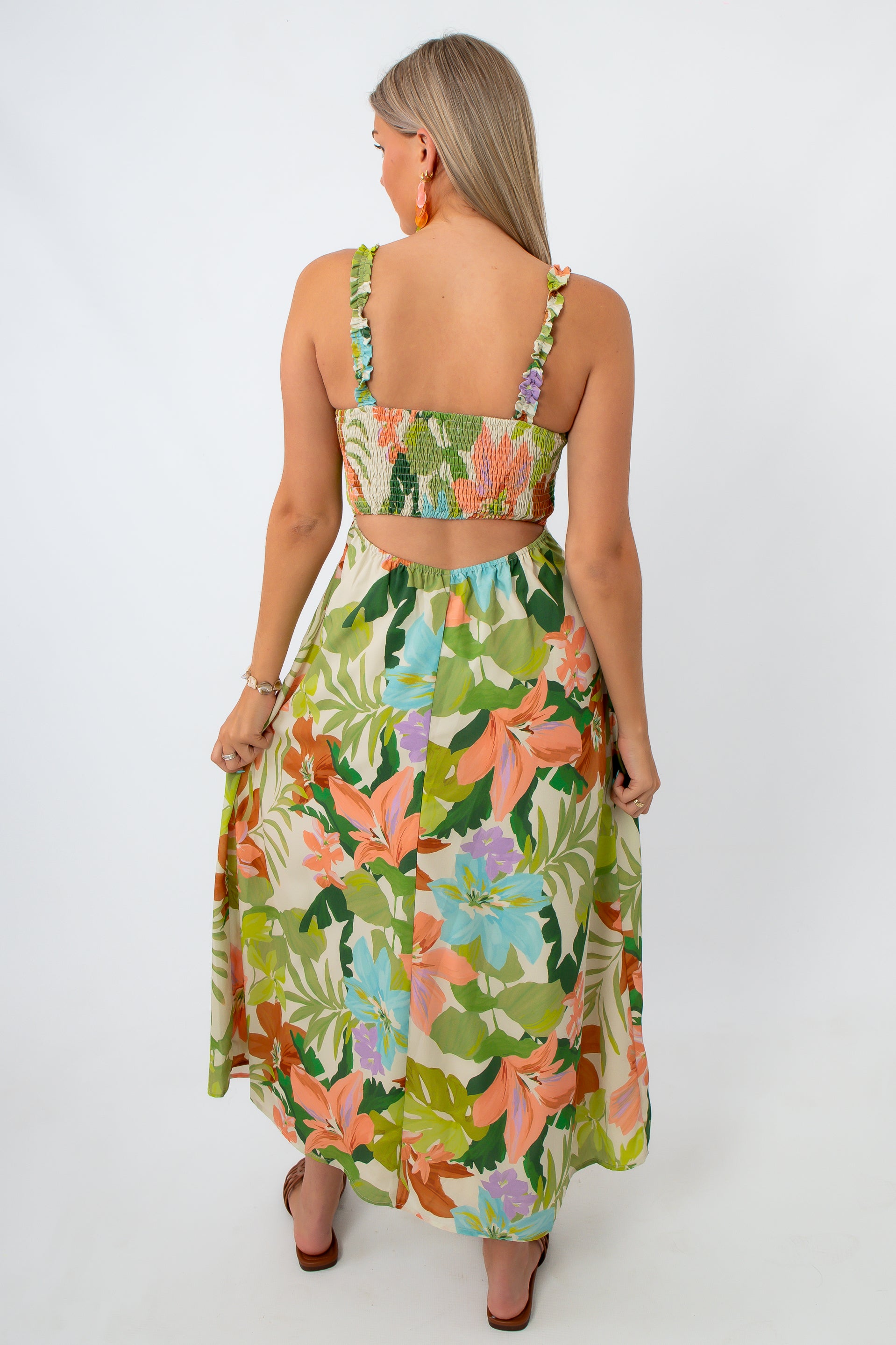 Tropical floral maxi dress with cutout waist and ruffled straps