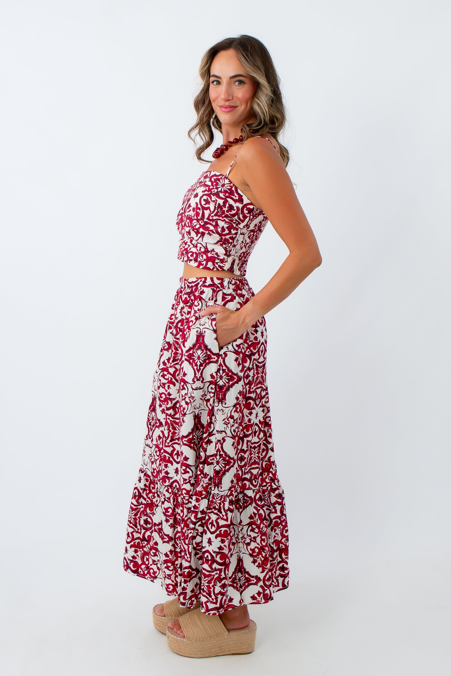 Cropped tank top with adjustable straps paired with matching patterned skirt, USC game day outfits, Alabama game day outfits