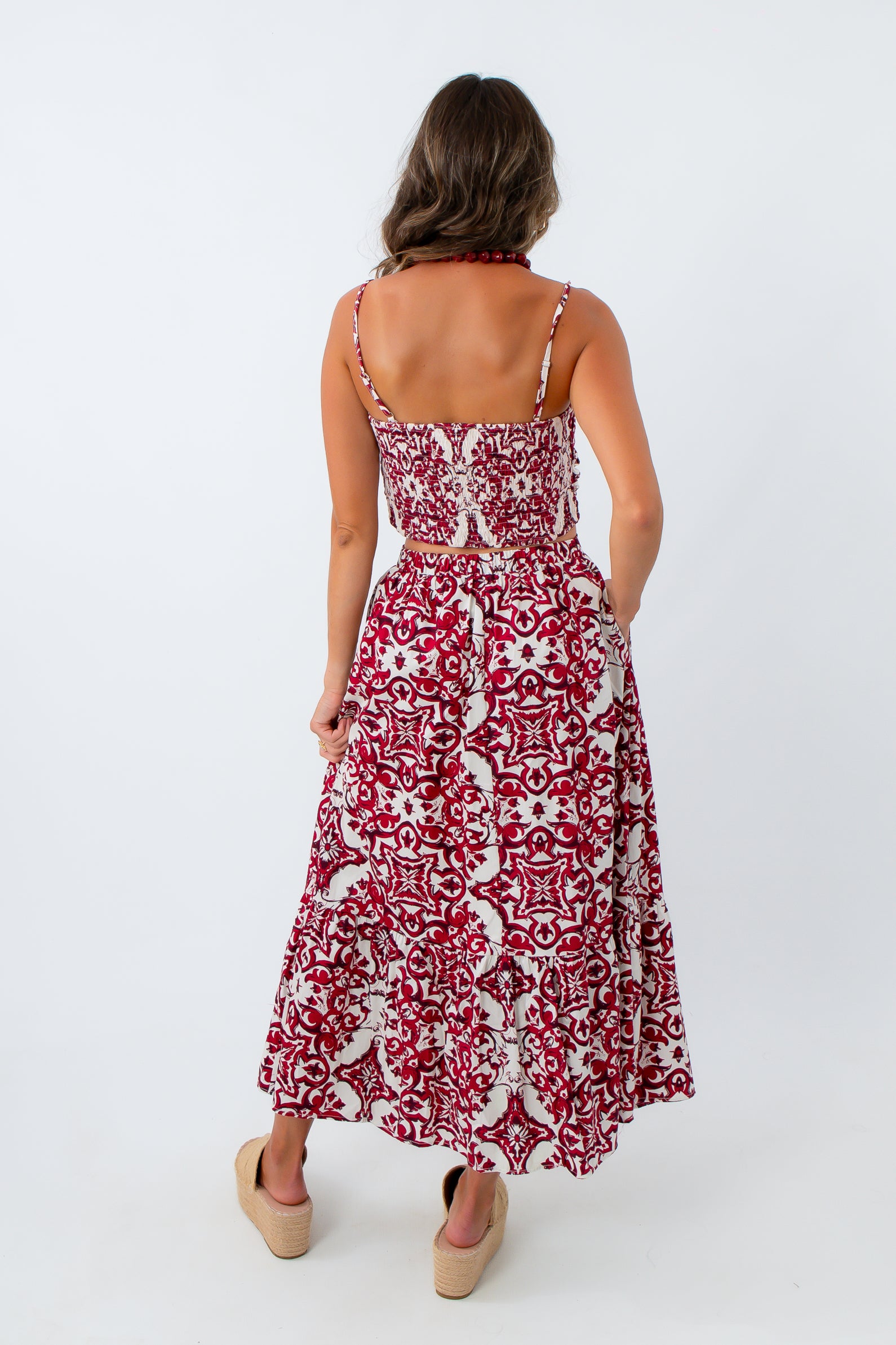 Smocked back tank top, cropped tank top, red and white patterned matching set, matching skirt sets