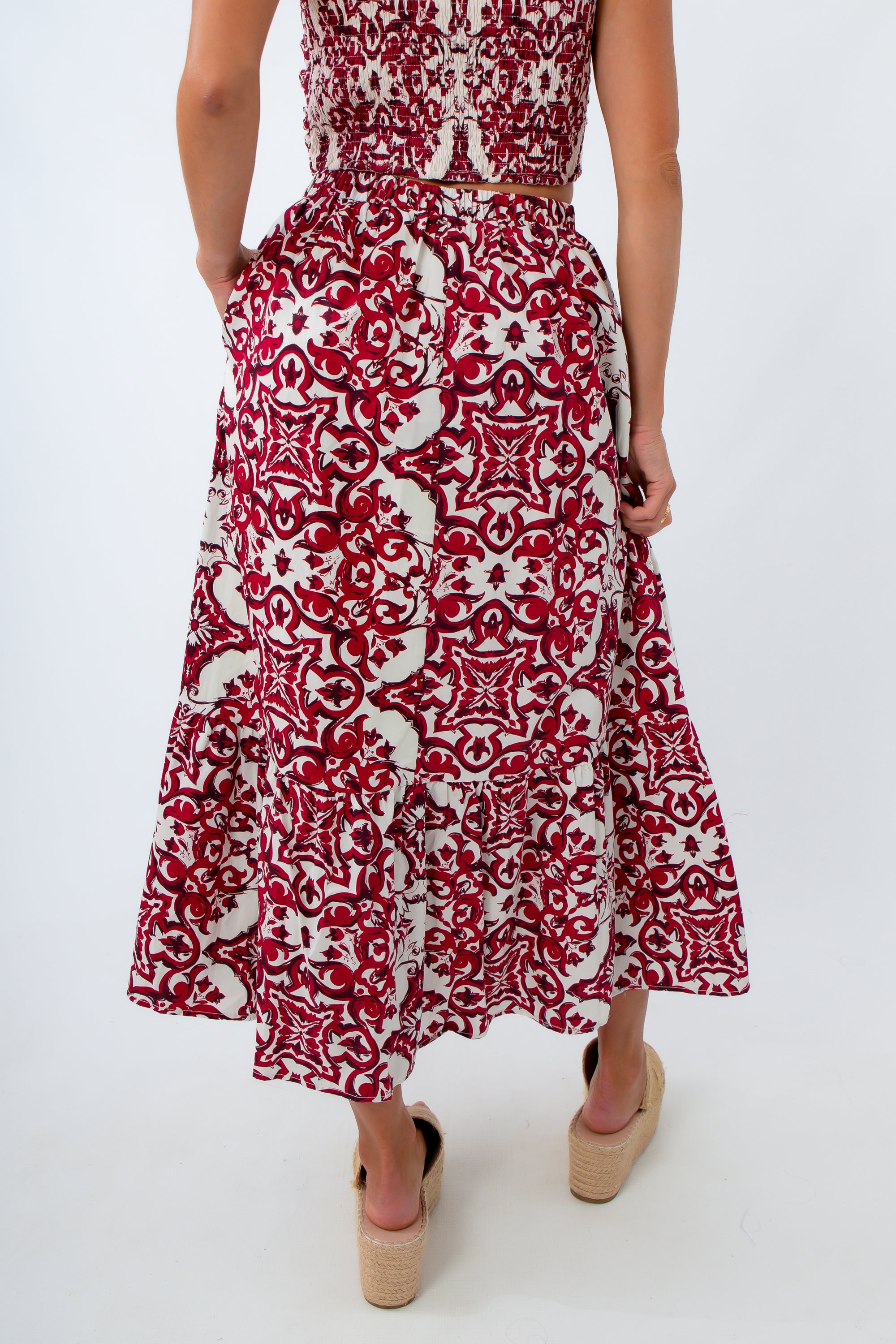 Crimson and white patterned midi skirt, Burgundy and white patterned midi skirt, matching skirt set, midi skirts