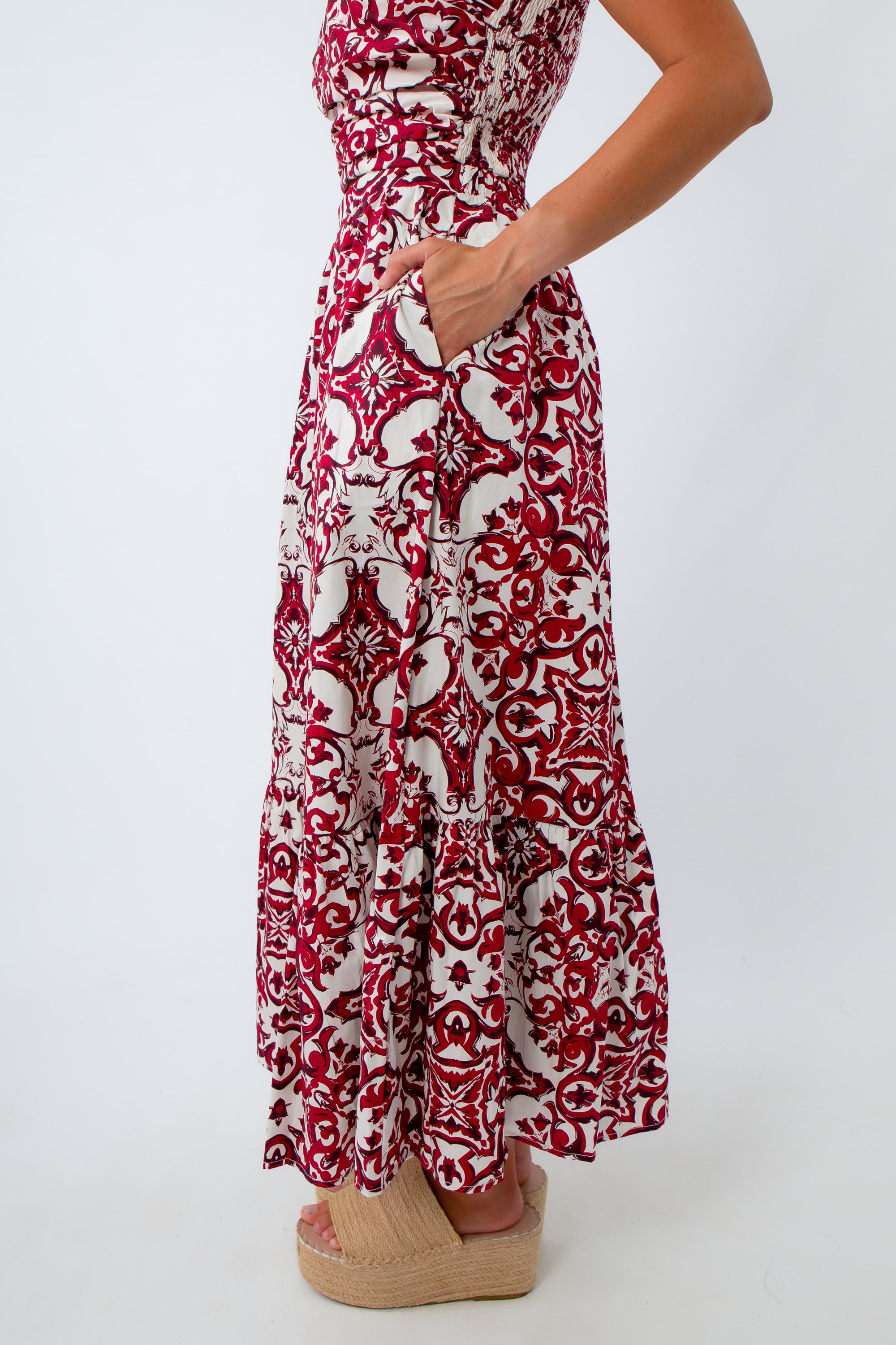 Crimson tiered midi skirt with pockets, red and white tiered midi skirt with pockets, patterned midi skirt