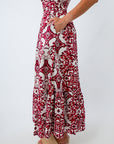 Crimson tiered midi skirt with pockets, red and white tiered midi skirt with pockets, patterned midi skirt