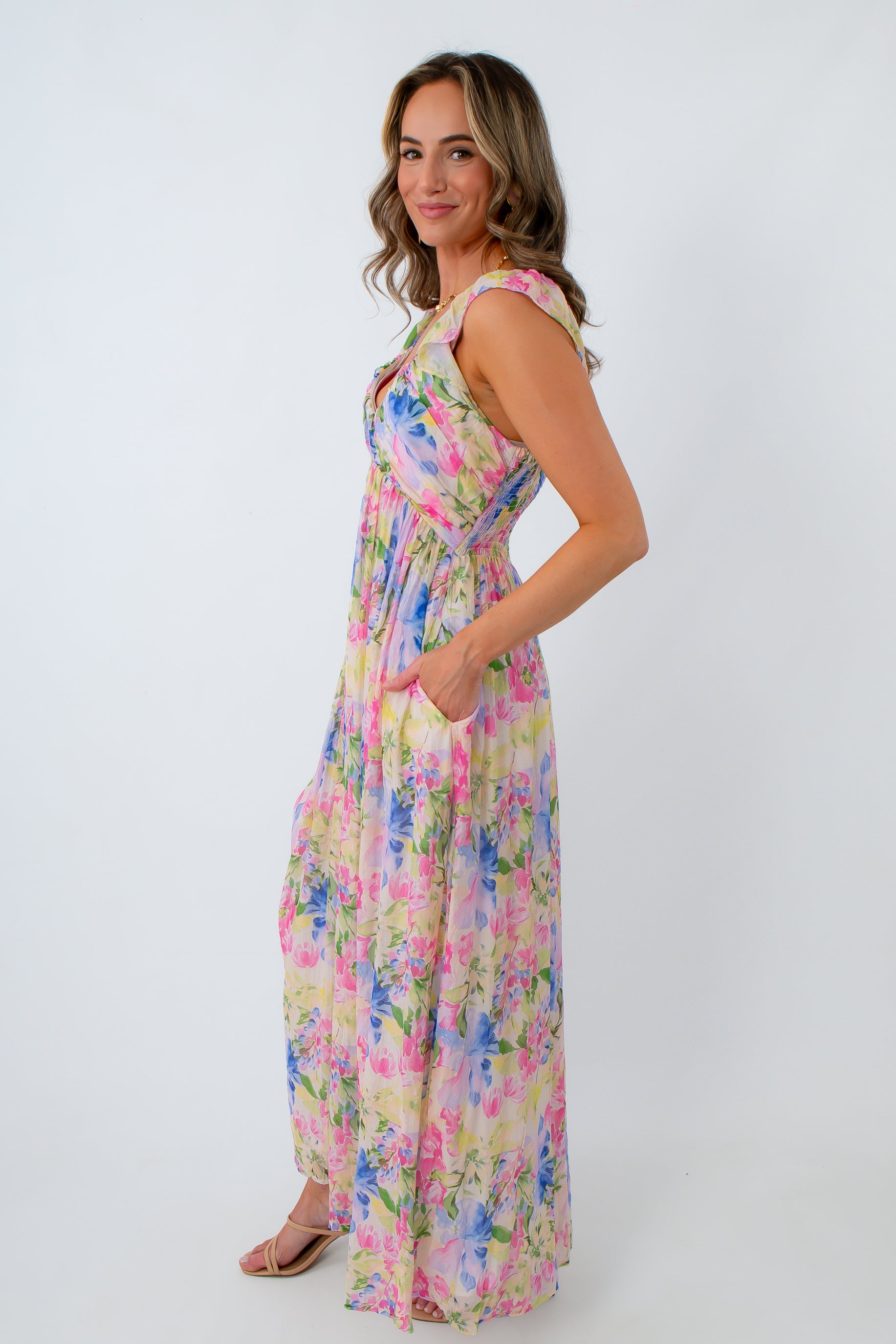 summer wedding guest dress with floral watercolor print