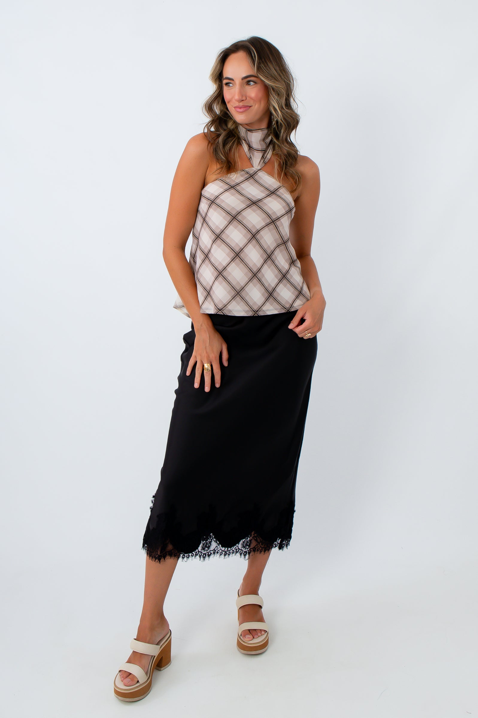 Evelyn Black Lace Trim Satin Midi Skirt