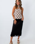 Evelyn Black Lace Trim Satin Midi Skirt