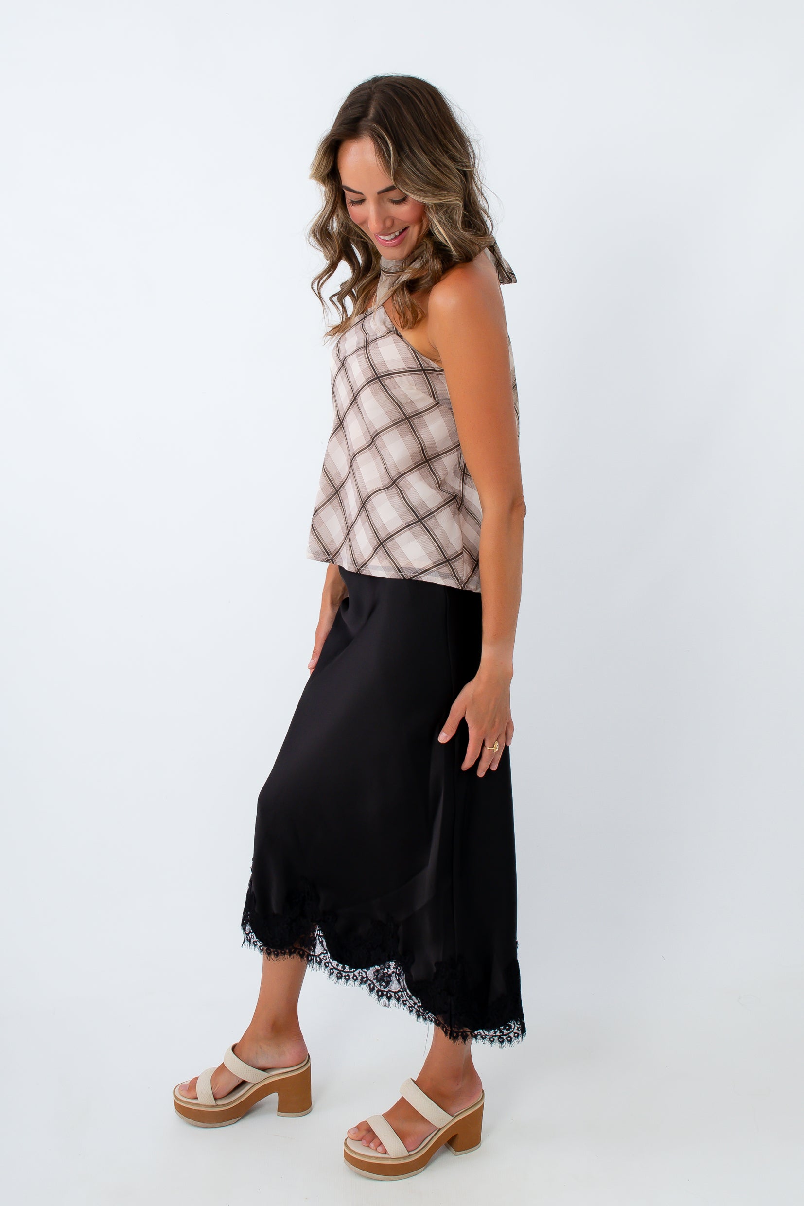 Lace trim skirt, satin skirt with lace trim, black skirt with lace, satin skirt with lace