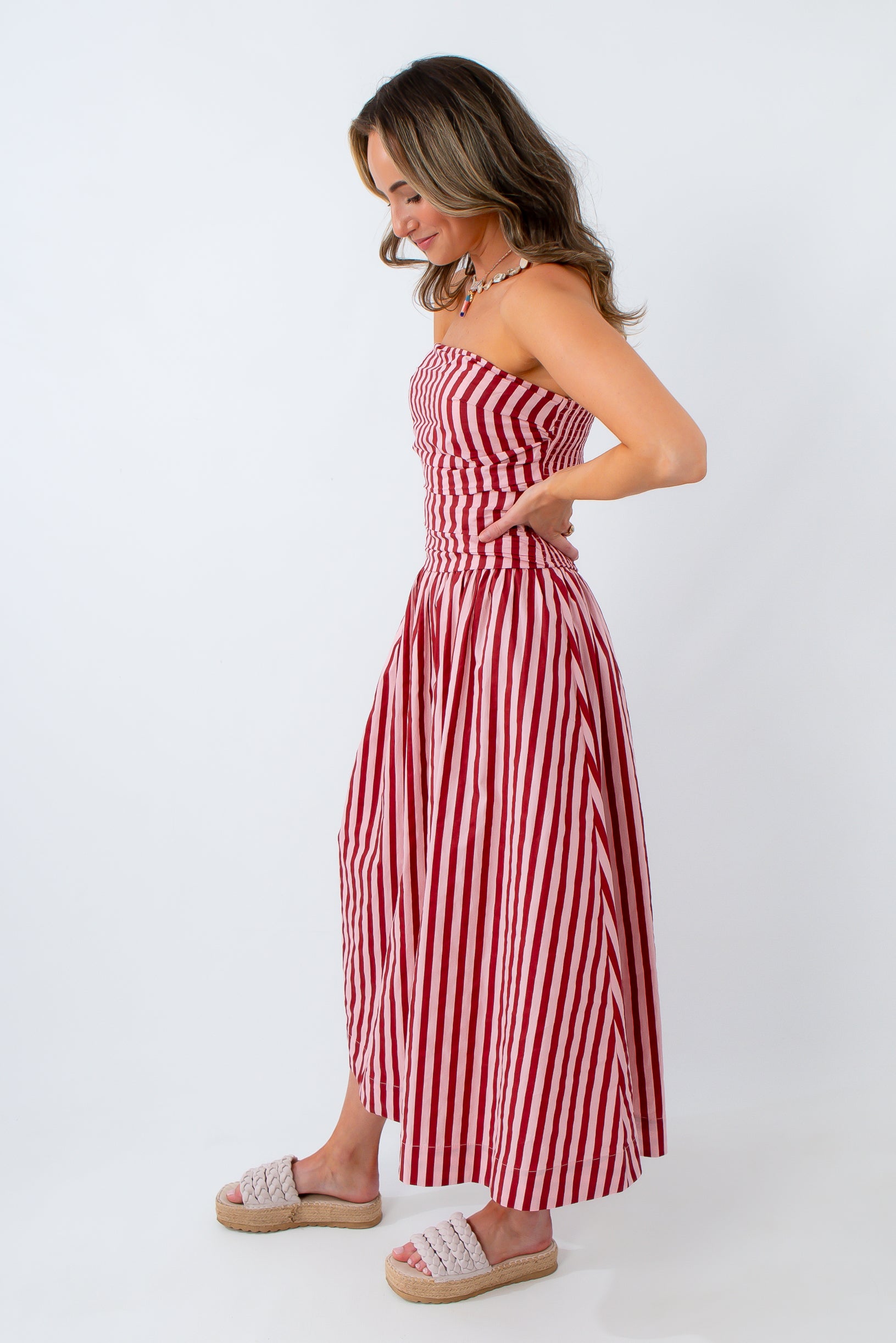 Candy Stripe Washed Red &amp; Pink Strapless Maxi Dress