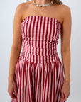 Candy Stripe Washed Red & Pink Strapless Maxi Dress