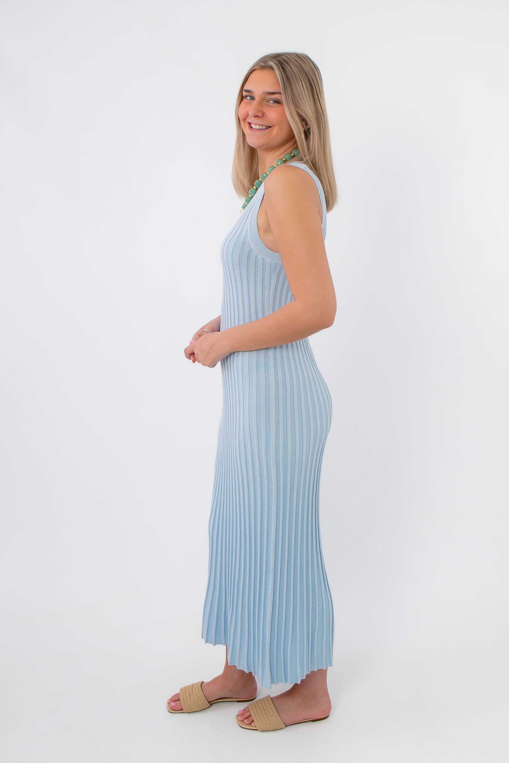 Sophie Sky Blue Rib Knit Midi Dress side profile