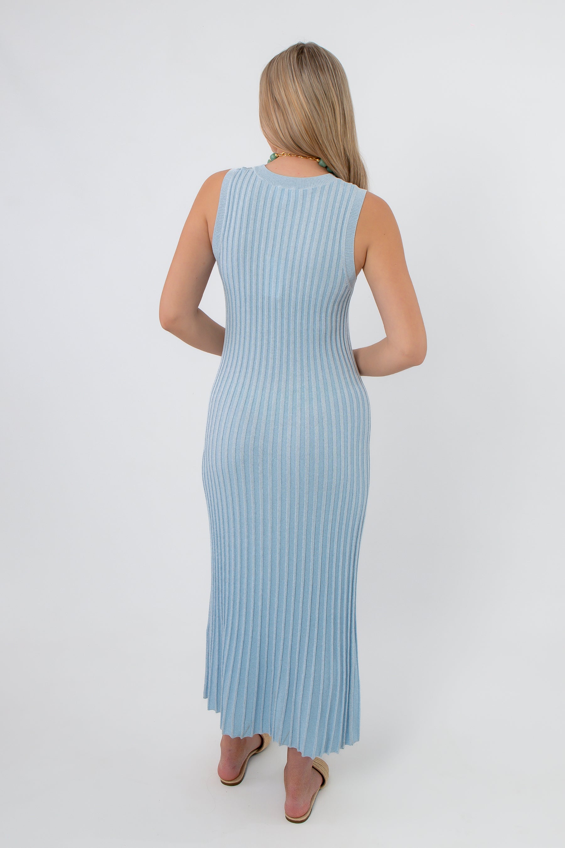 Sophie Sky Blue Rib Knit Midi Dress back view