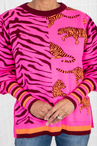 Take on Tailgates Fuchsia Tiger Print Sweater-The Tellier-L. Mae Boutique