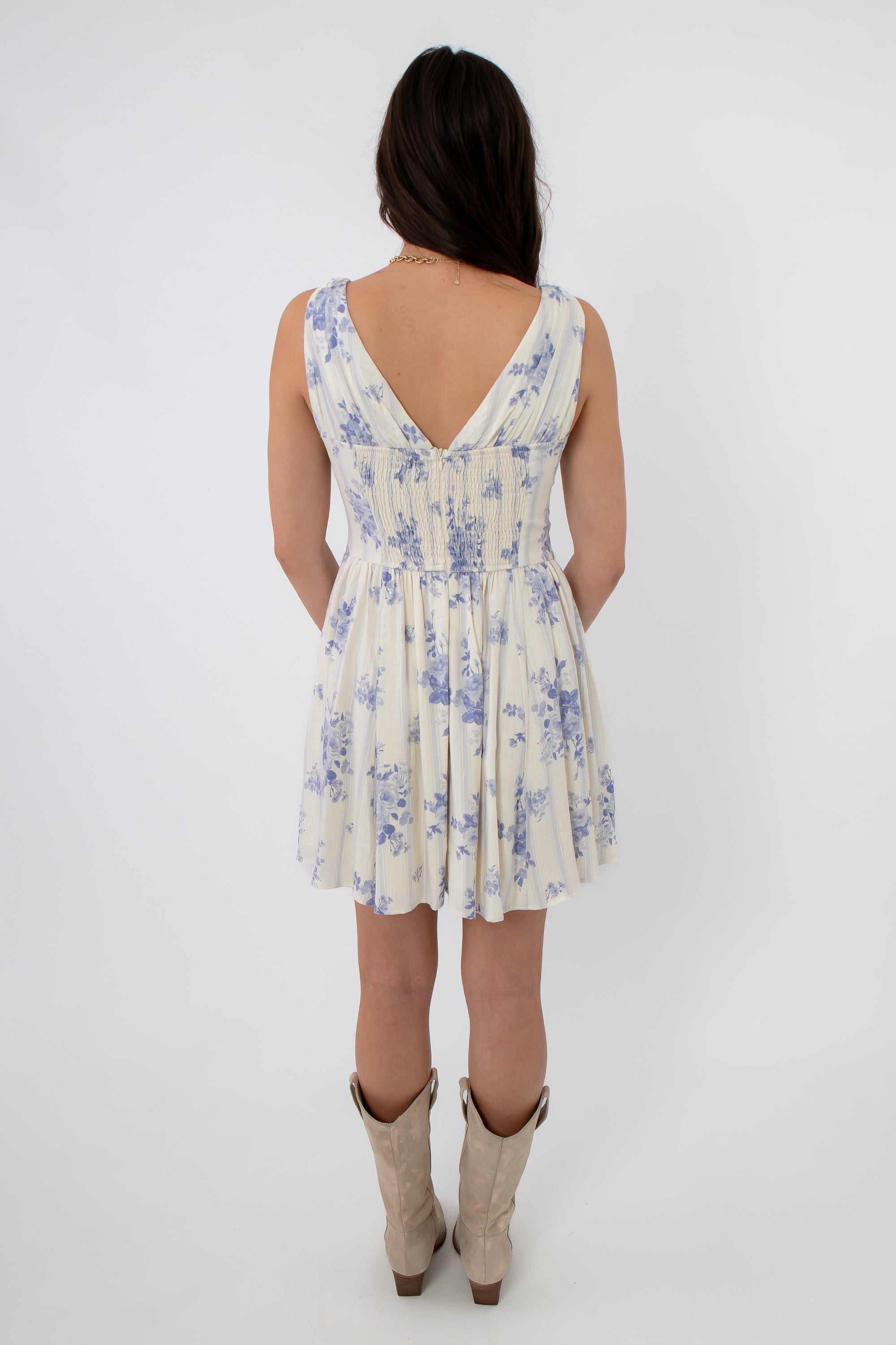Daphne Vintage Floral Striped Mini Dress back view