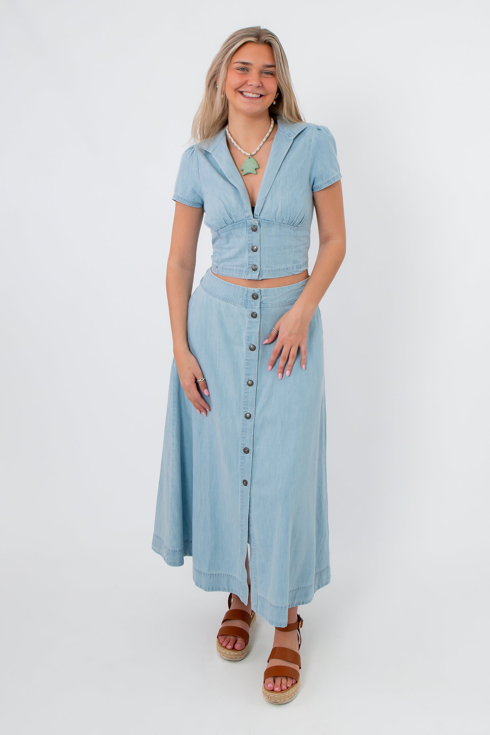 Light blue denim cropped top and maxi skirt set with button details, casual spring outfit