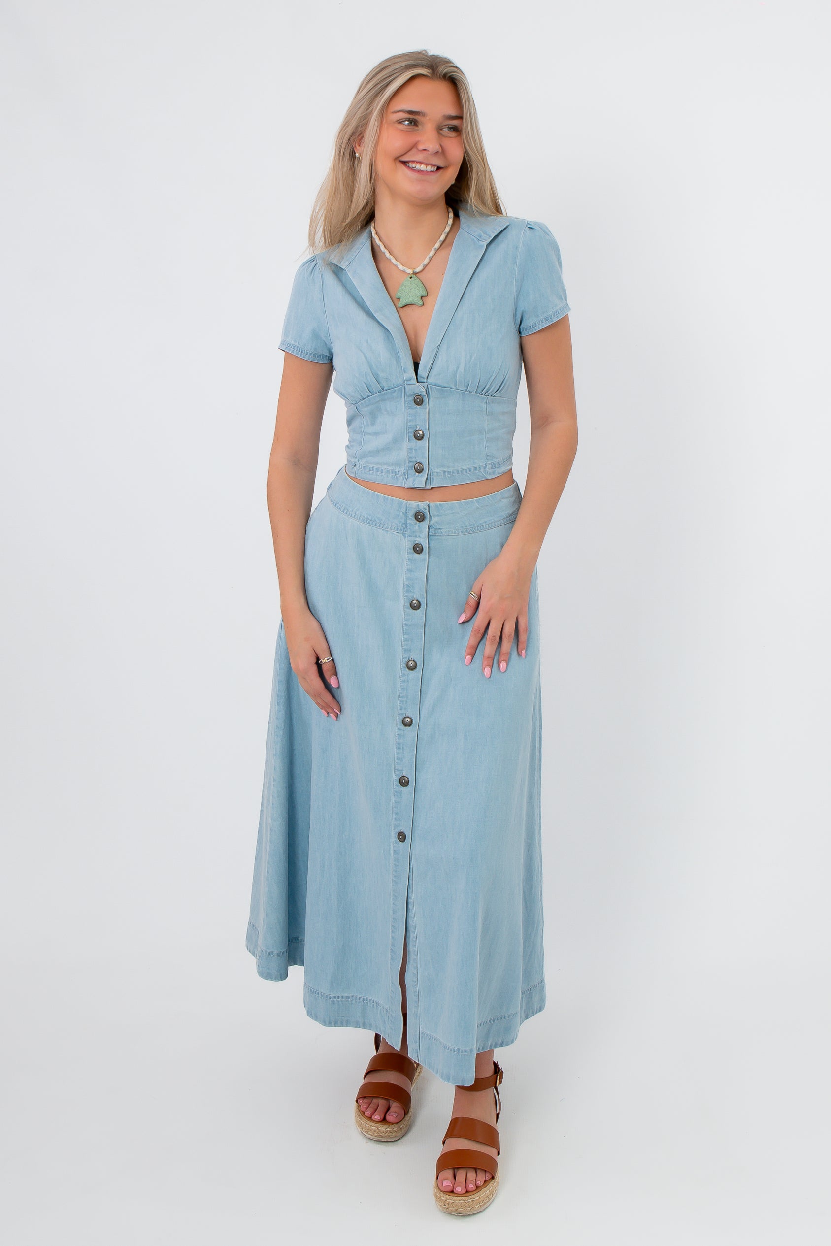 Light blue denim cropped top and maxi skirt set with button details, casual spring outfit