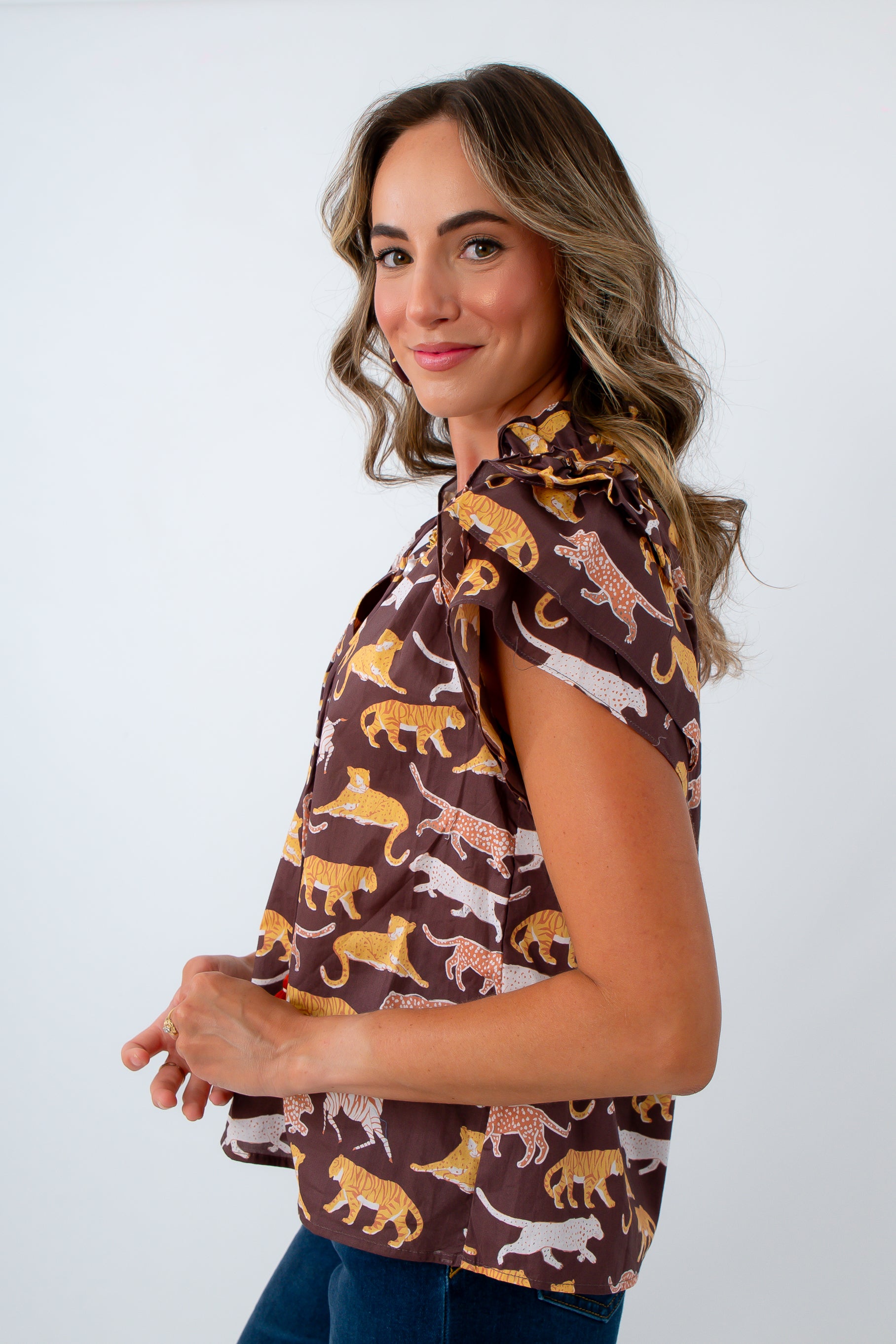 Brown animal print top with ruffle sleeves, brown THML top with ruffle sleeves, THML top with ruffle sleeves, THML animal print top