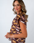 Brown animal print top with ruffle sleeves, brown THML top with ruffle sleeves, THML top with ruffle sleeves, THML animal print top