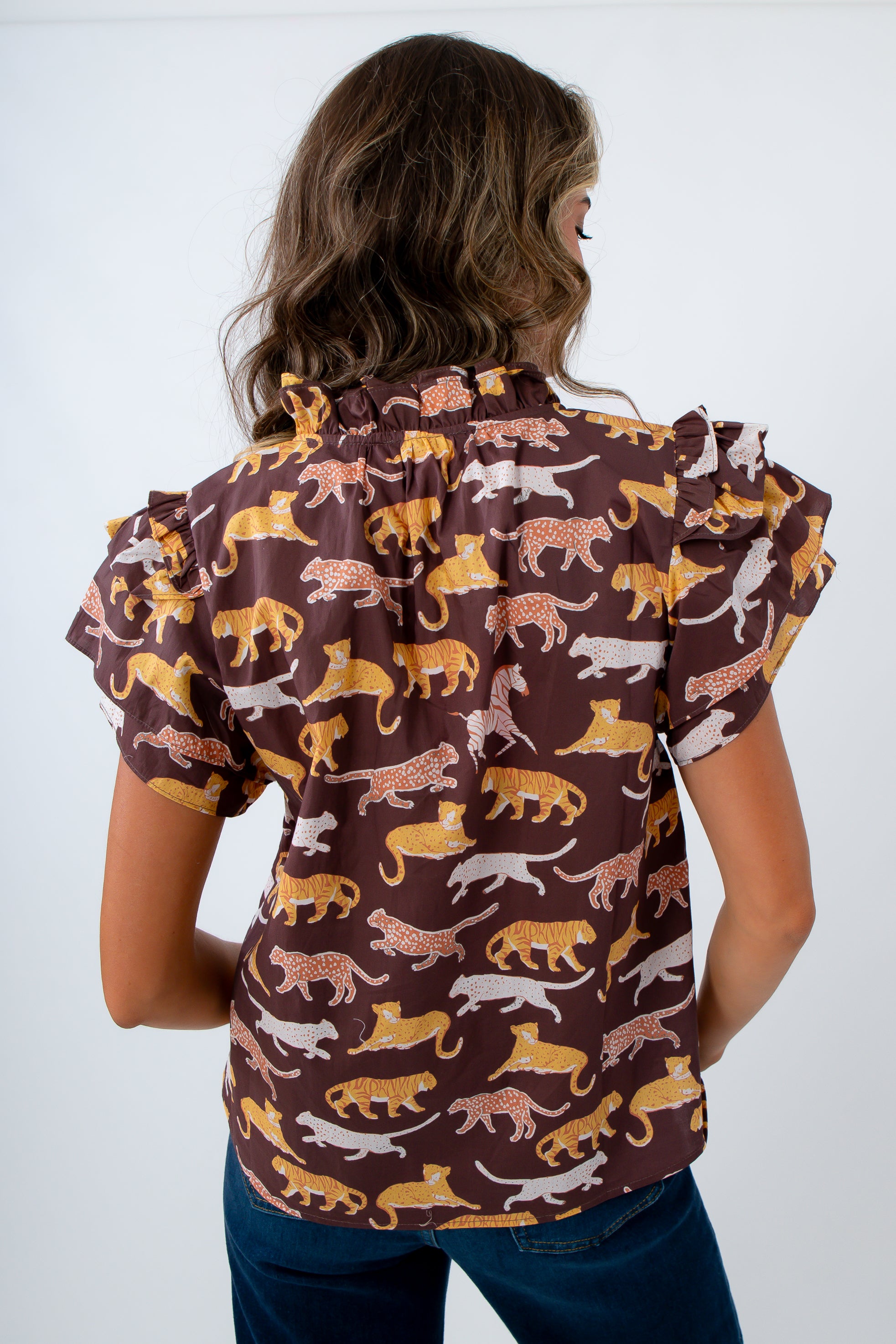 Brown ruffle sleeve blouse, brown THML top, tiger print top, clemson game day top