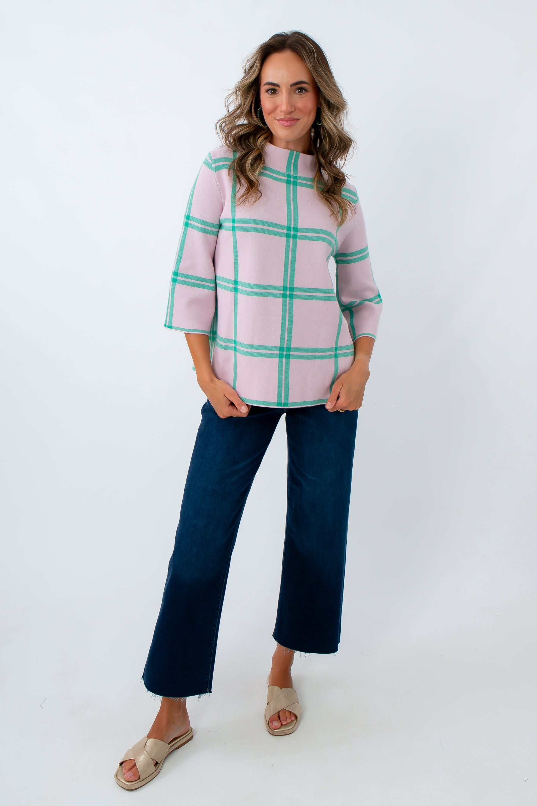 generous fit mock neck sweater for fall, pink and green striped lightweight sweater, mock neck sweater