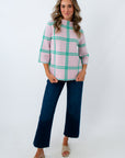 generous fit mock neck sweater for fall, pink and green striped lightweight sweater, mock neck sweater