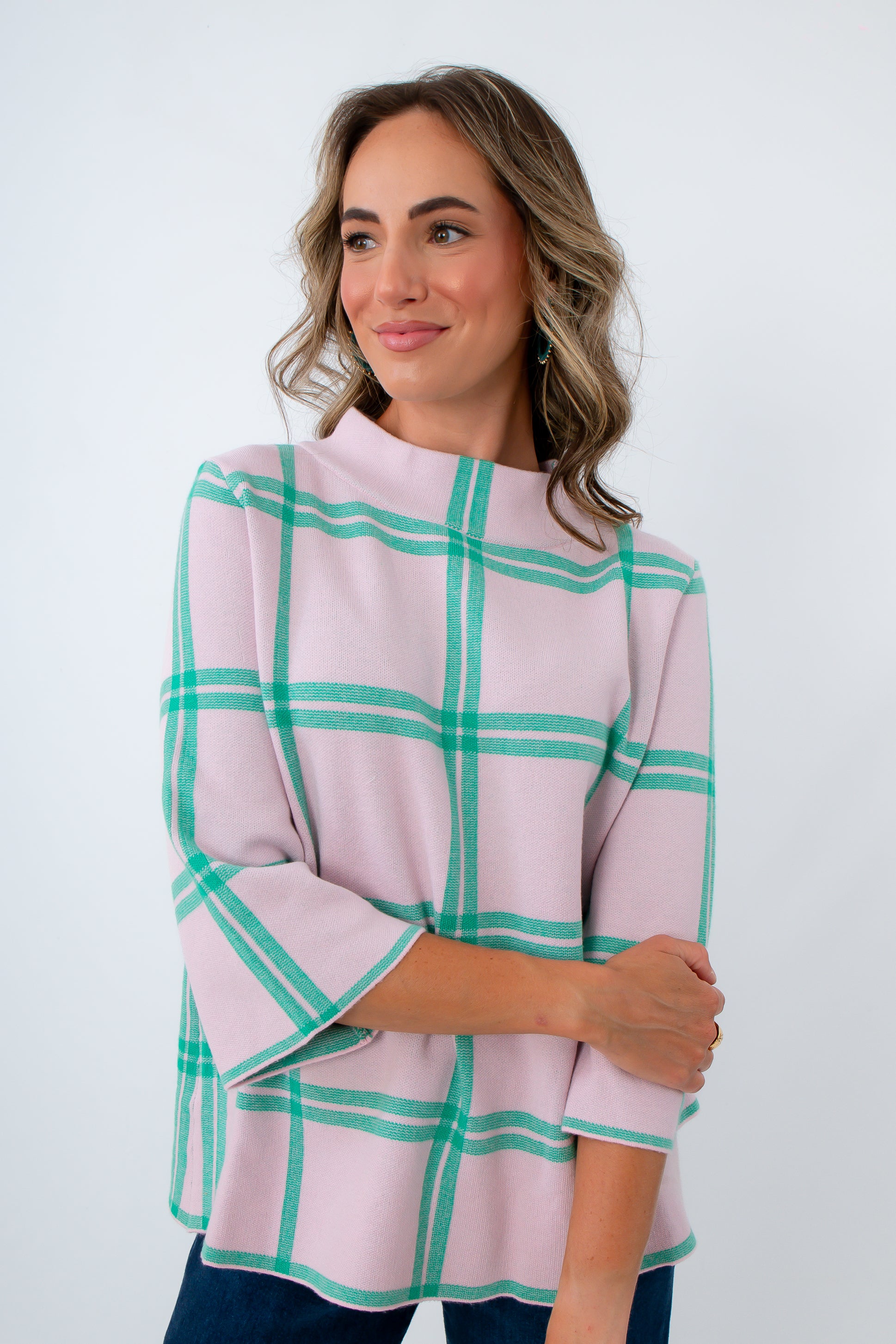 pink and green windowpane plaid sweater, sweater with 3/4 bell sleeves, mock neck sweater, plaid sweater