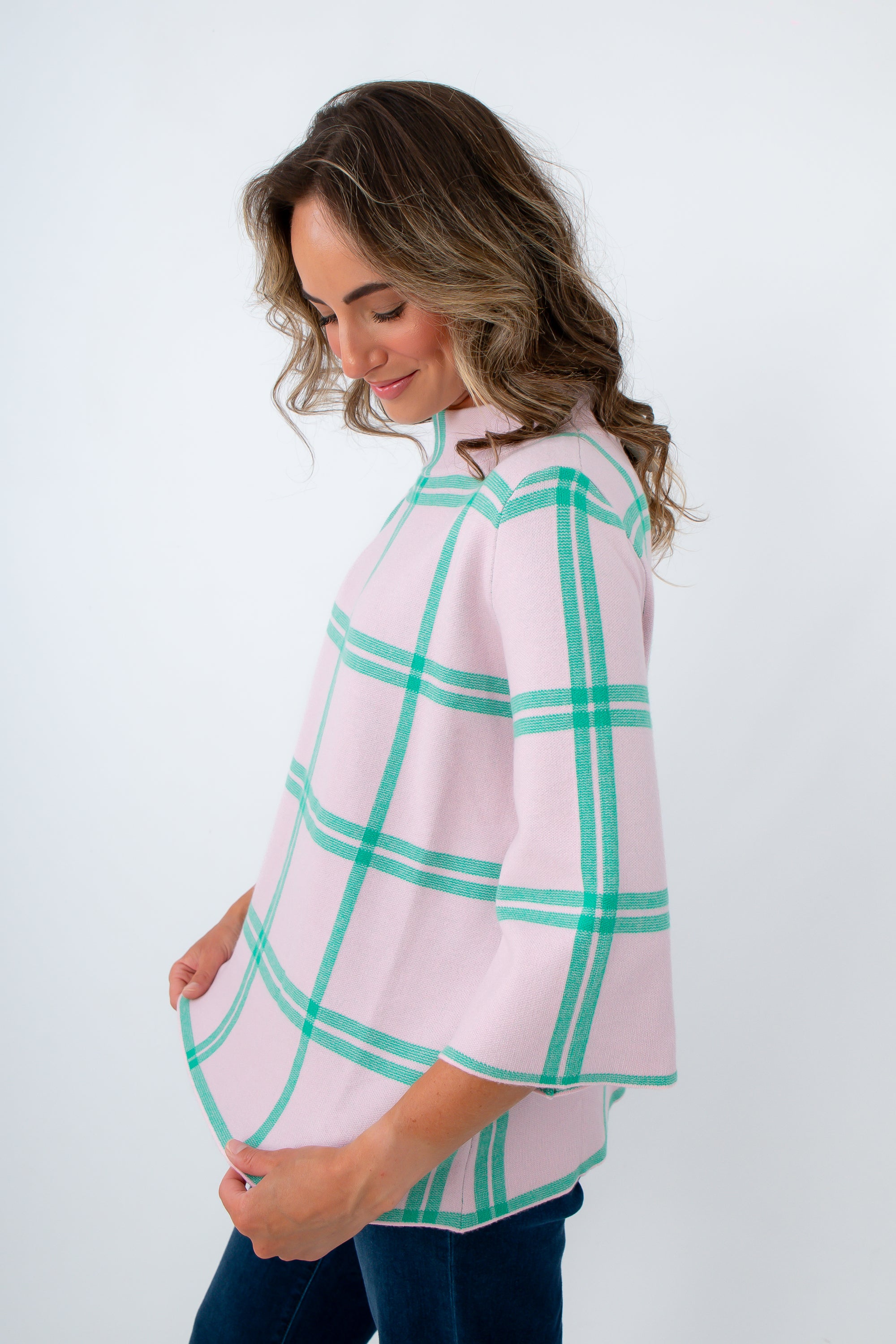 cozy striped sweater with bell sleeves, pastel pink and turquoise green sweater, pink and green plaid sweater