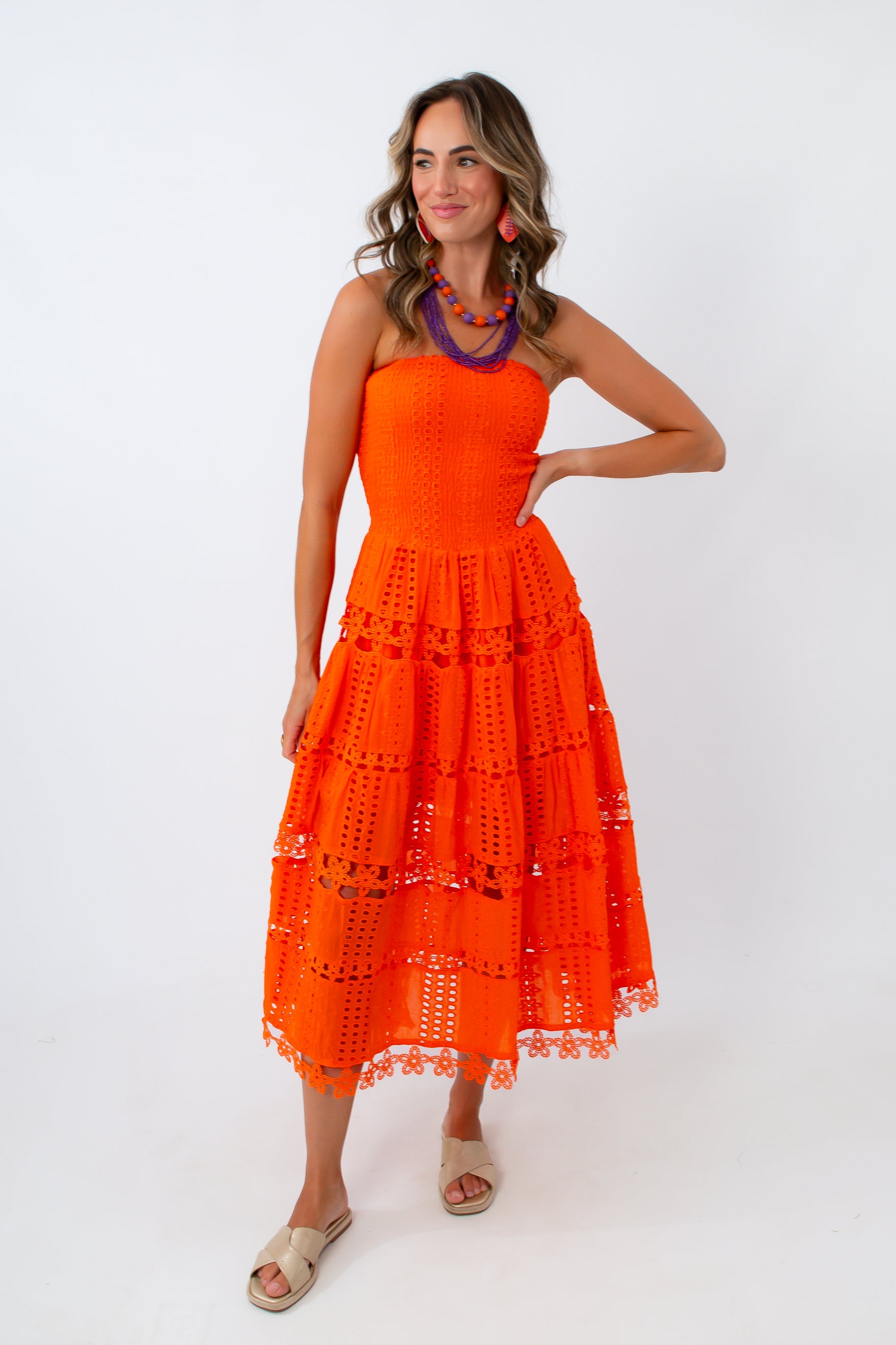 Orange You Glad She's Back Eyelet Strapless Midi Dress