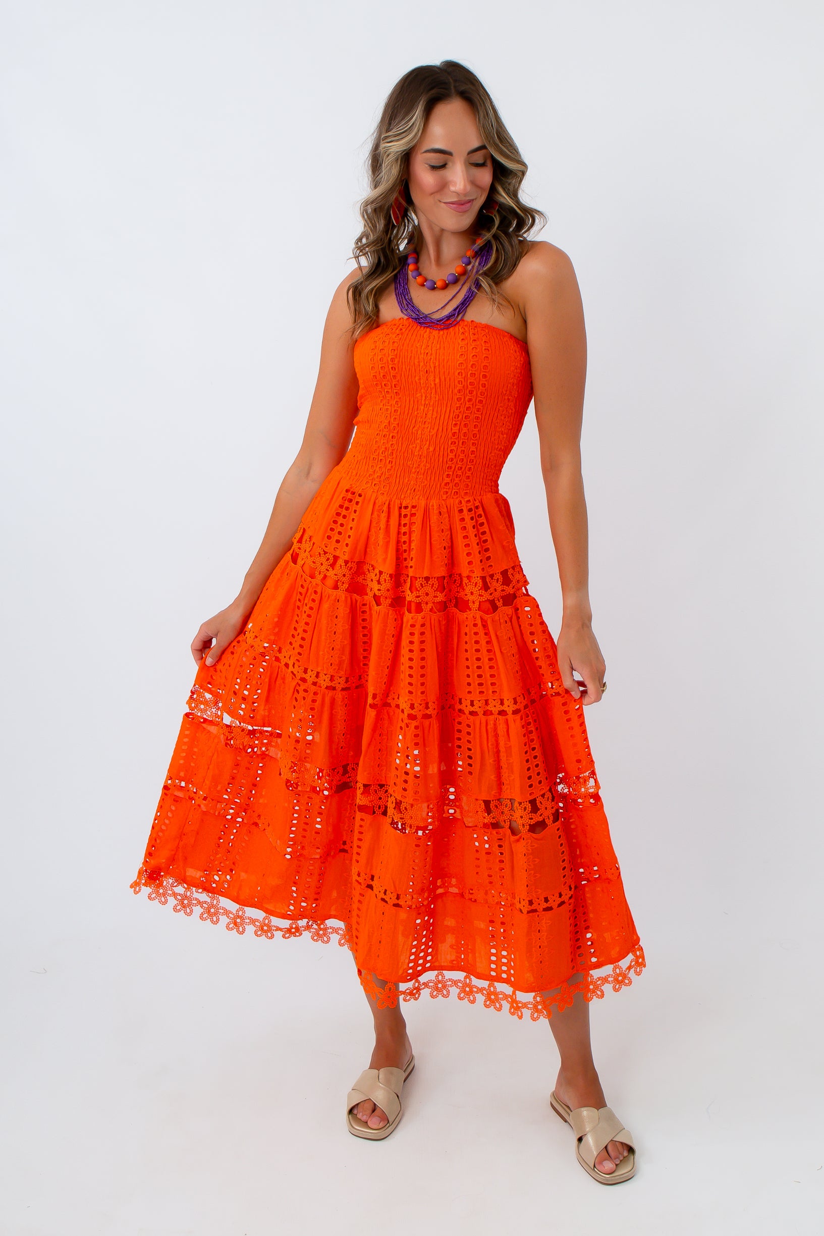 Bright orange dress for Clemson game day, clemson game day dress, clemson game day outfit, orange strapless dress