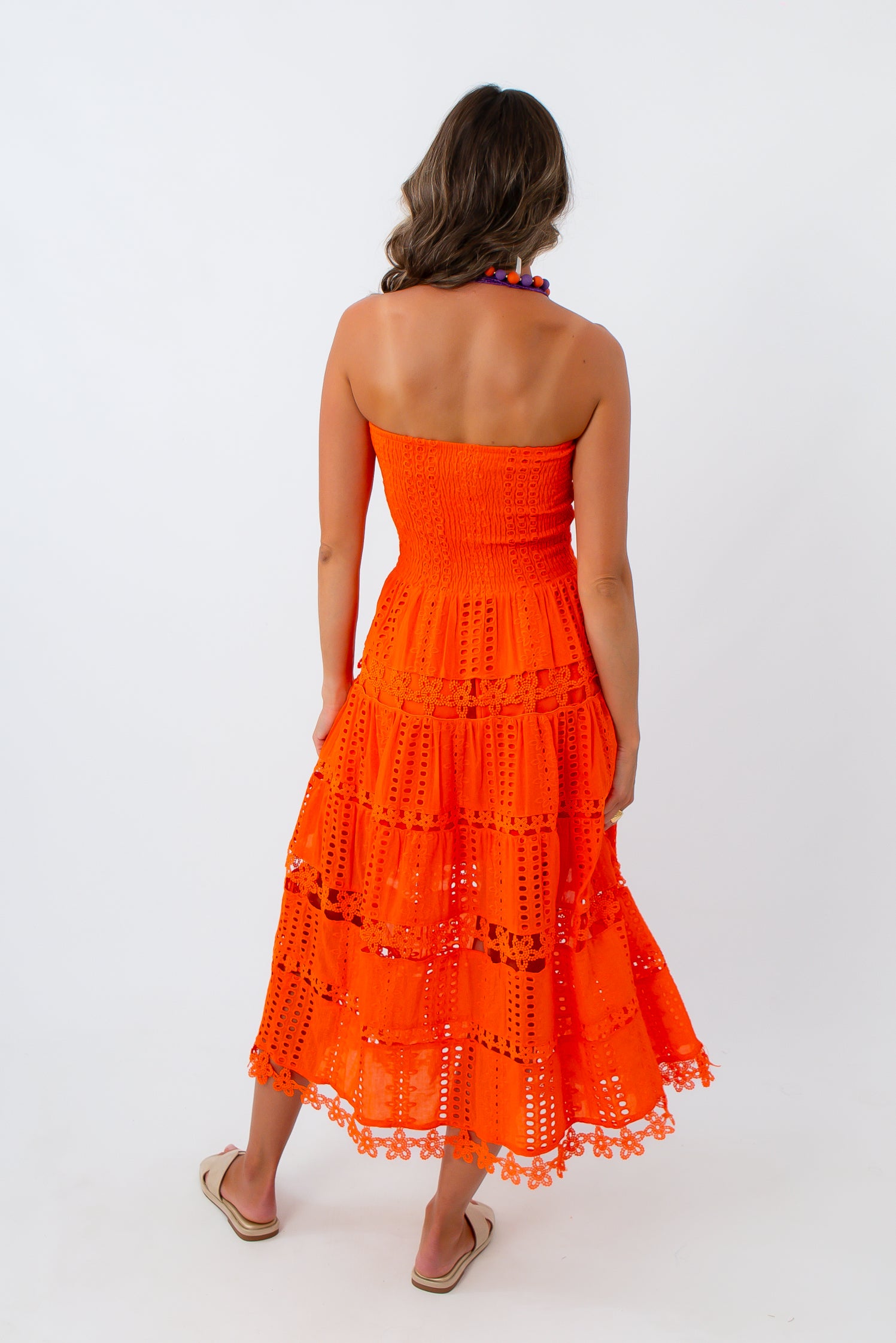 Orange eyelet midi dress, orange strapless dress, orange eyelet dress, orange midi dress
