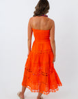 Orange eyelet midi dress, orange strapless dress, orange eyelet dress, orange midi dress