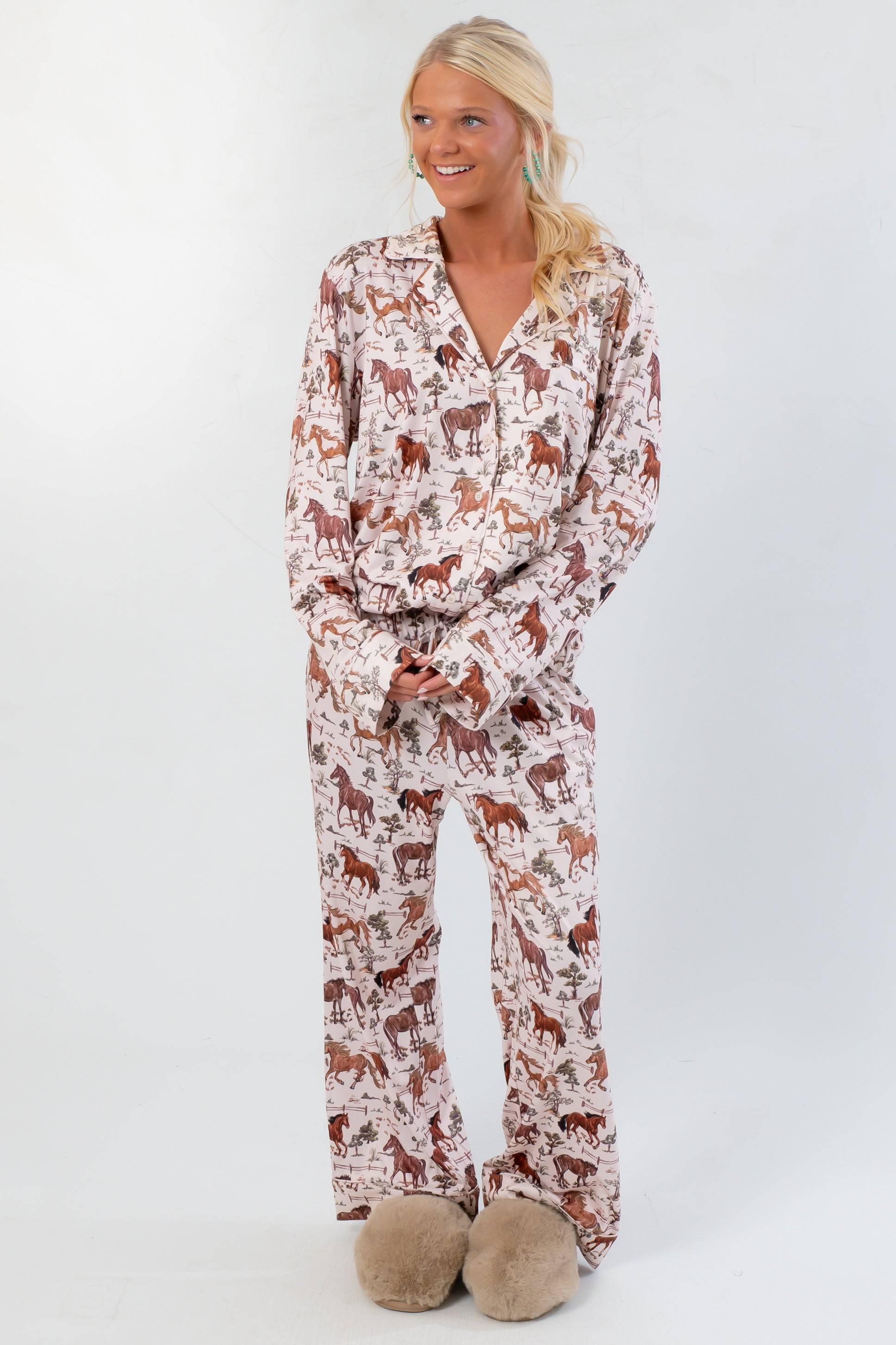 Women's Show Me Your Mumu Country Horses Jersey Classic PJ Set with all-over horse print, long sleeves, and drawstring waist for comfortable sleepwear.