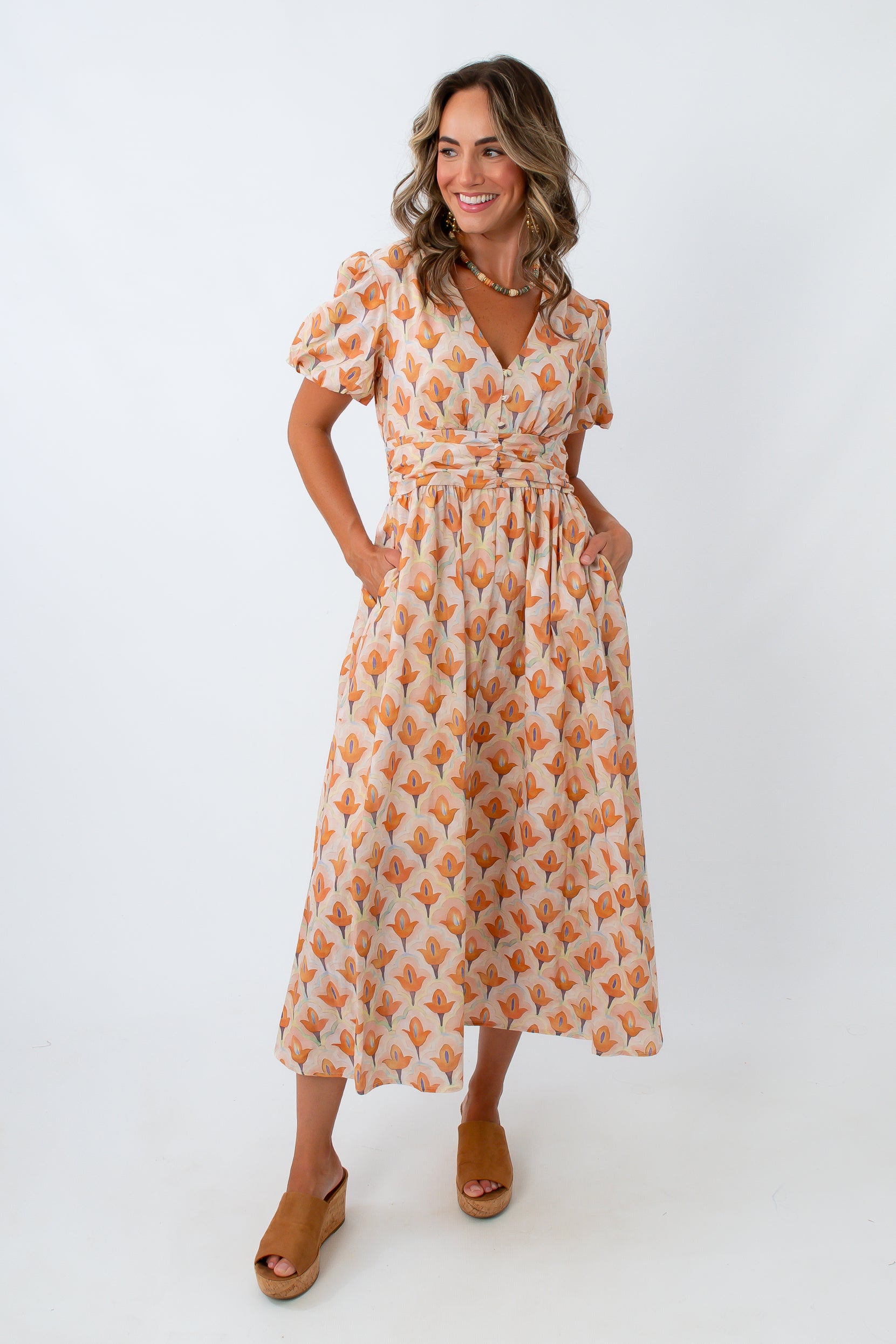 Fall floral maxi dress with smocked waistband, maxi dress with side pockets, light orange and pink maxi dress