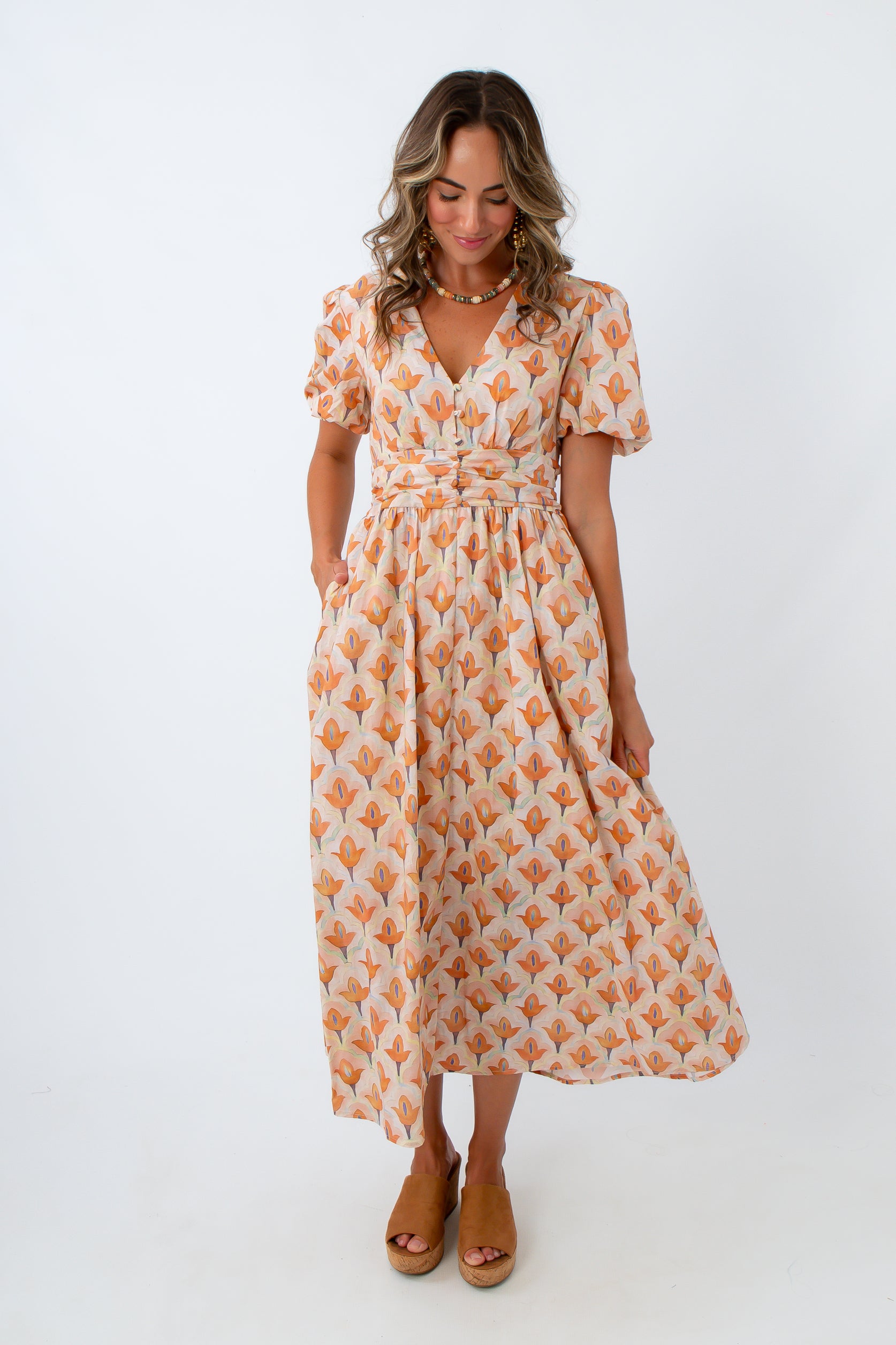 Petal Glow Floral Maxi Dress with puff sleeves, light orange floral maxi dress, long wedding guest dress