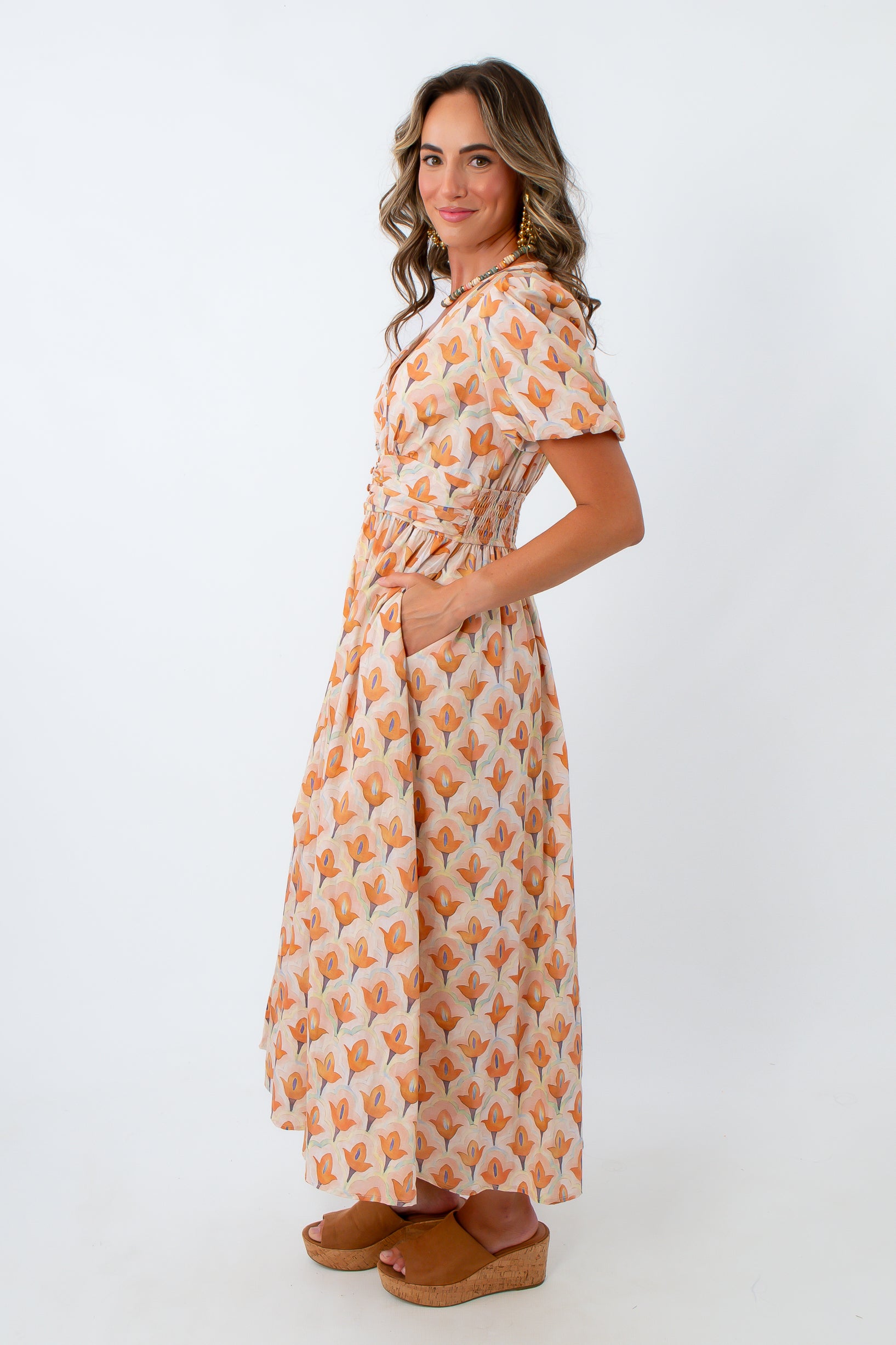 Floral maxi dress with side pockets, floral maxi dress with button detailing and puff sleeves, maxi dress with puff sleeves