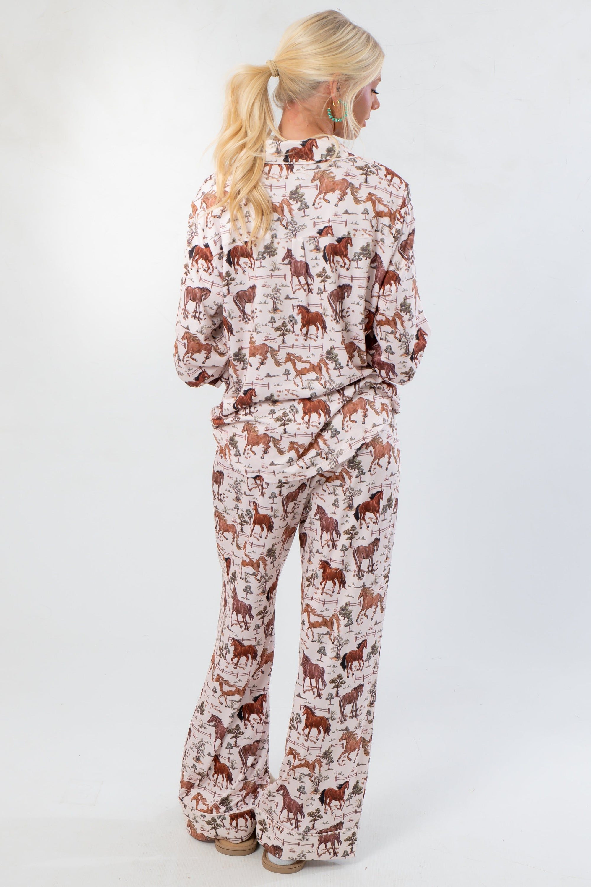 Back view of Show Me Your Mumu Country Horses Jersey Classic PJ Set highlighting full-length pants and western-themed horse print on soft jersey fabric.