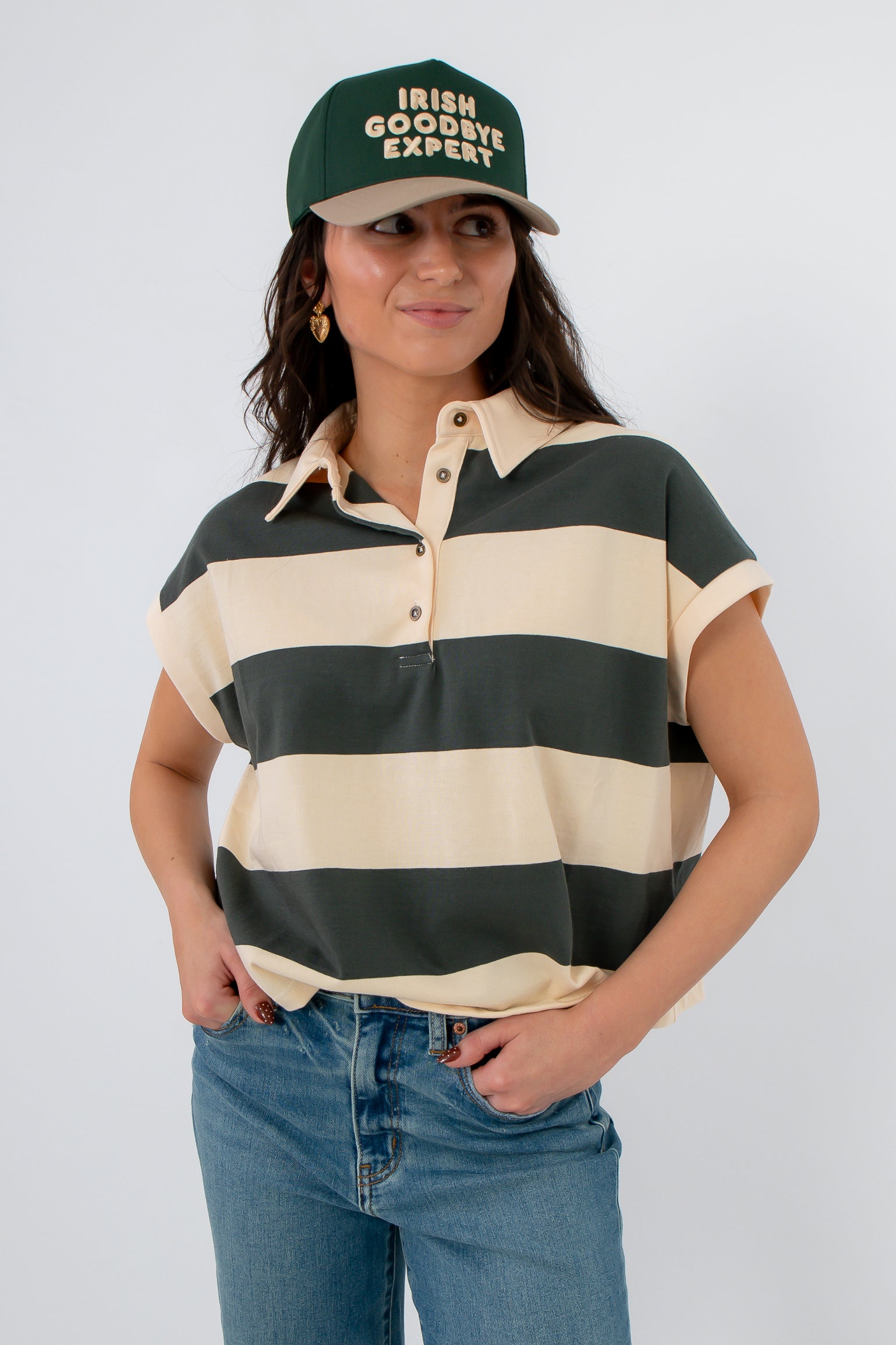 Birdie Green Stripe Polo Top front view