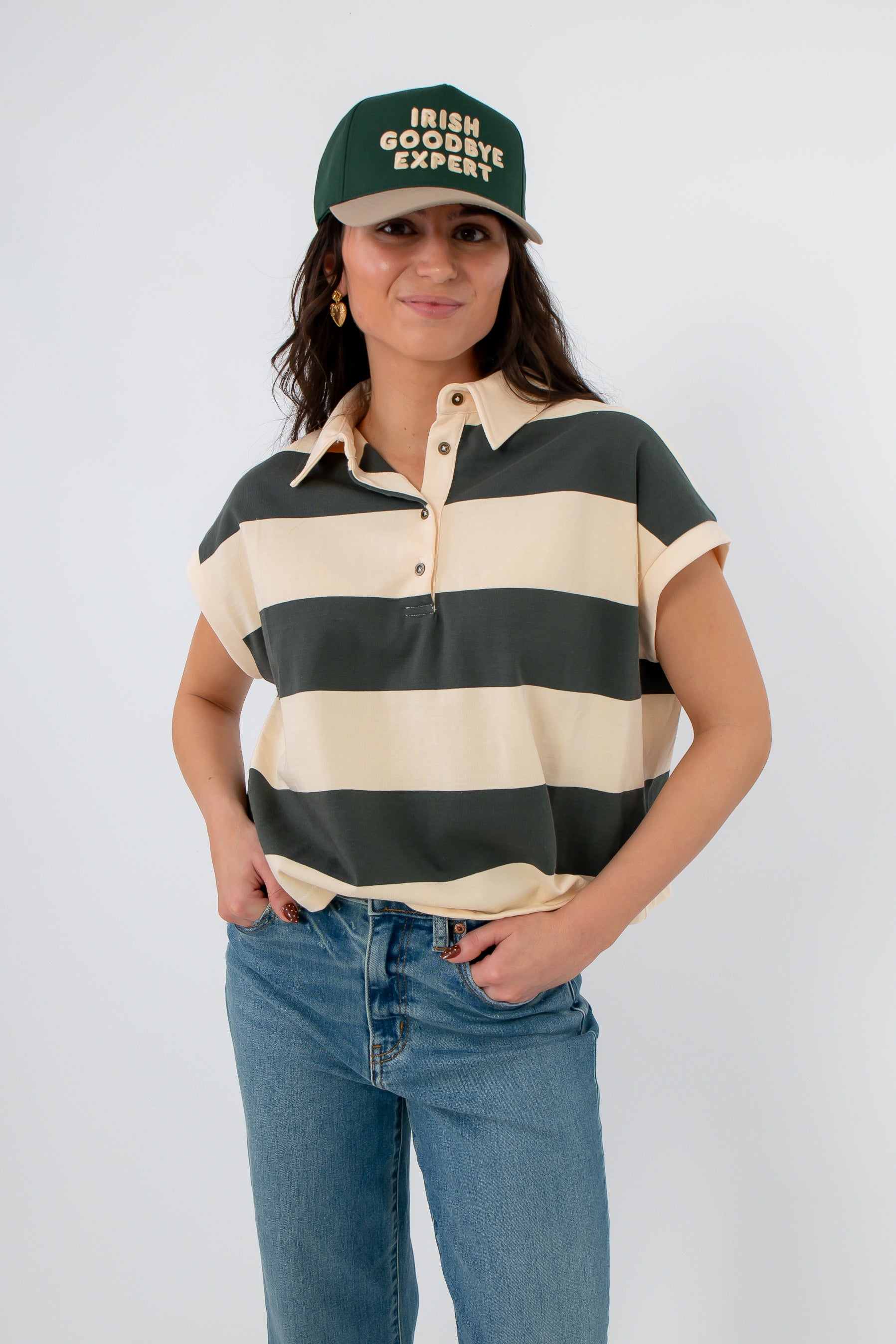 Birdie Green Stripe Polo Top close-up
