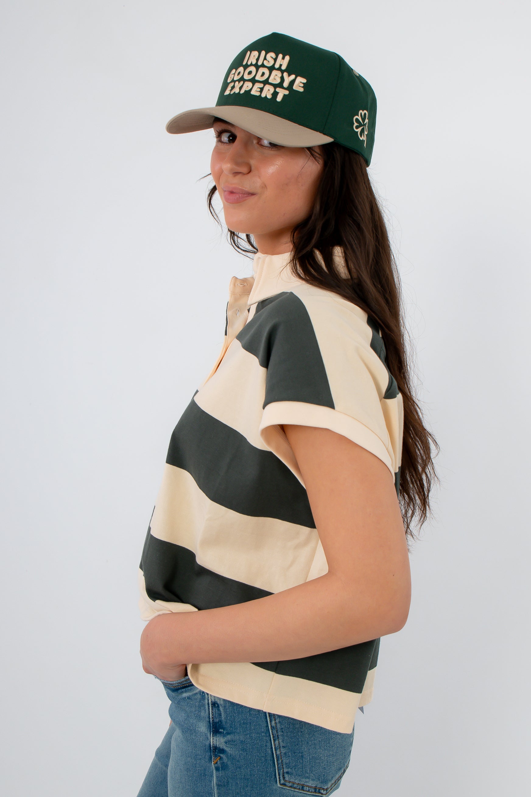 Birdie Green Stripe Polo Top side view