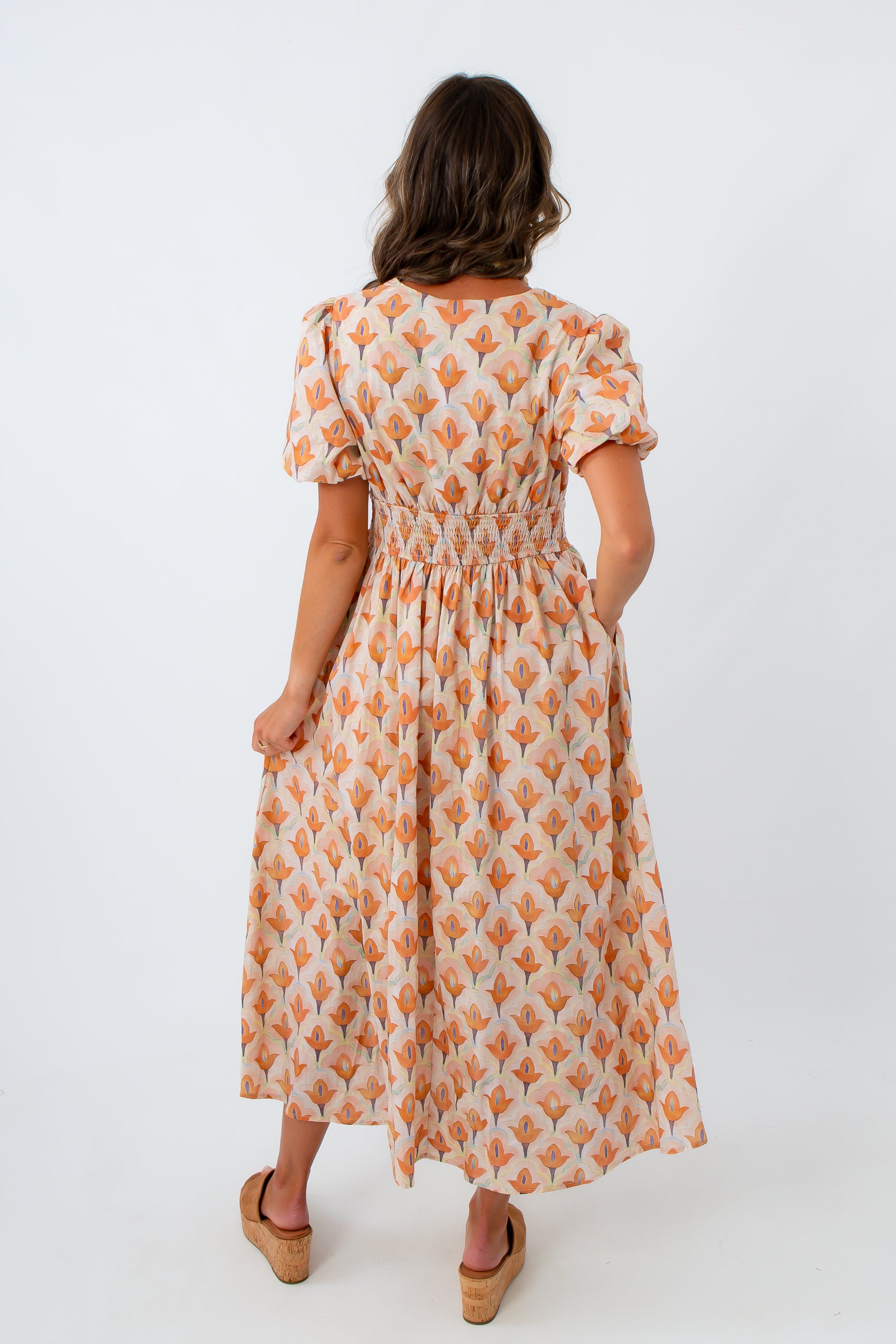 Early fall transition floral maxi dress with button detailing, lightweight floral maxi dress, orange and pink maxi dress