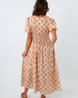 Early fall transition floral maxi dress with button detailing, lightweight floral maxi dress, orange and pink maxi dress