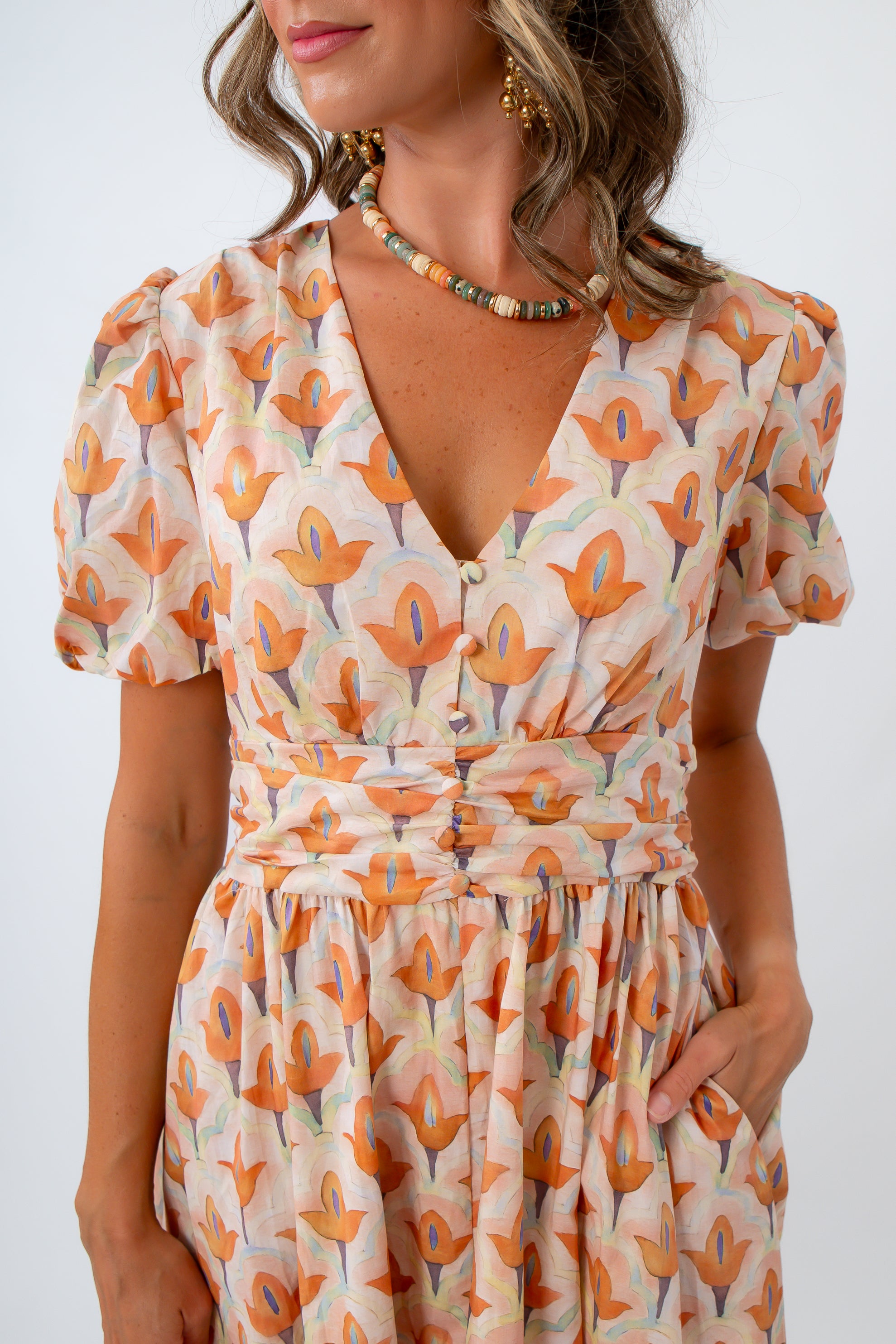 Maxi dress with pockets, pastel colored maxi dress with puff sleeves