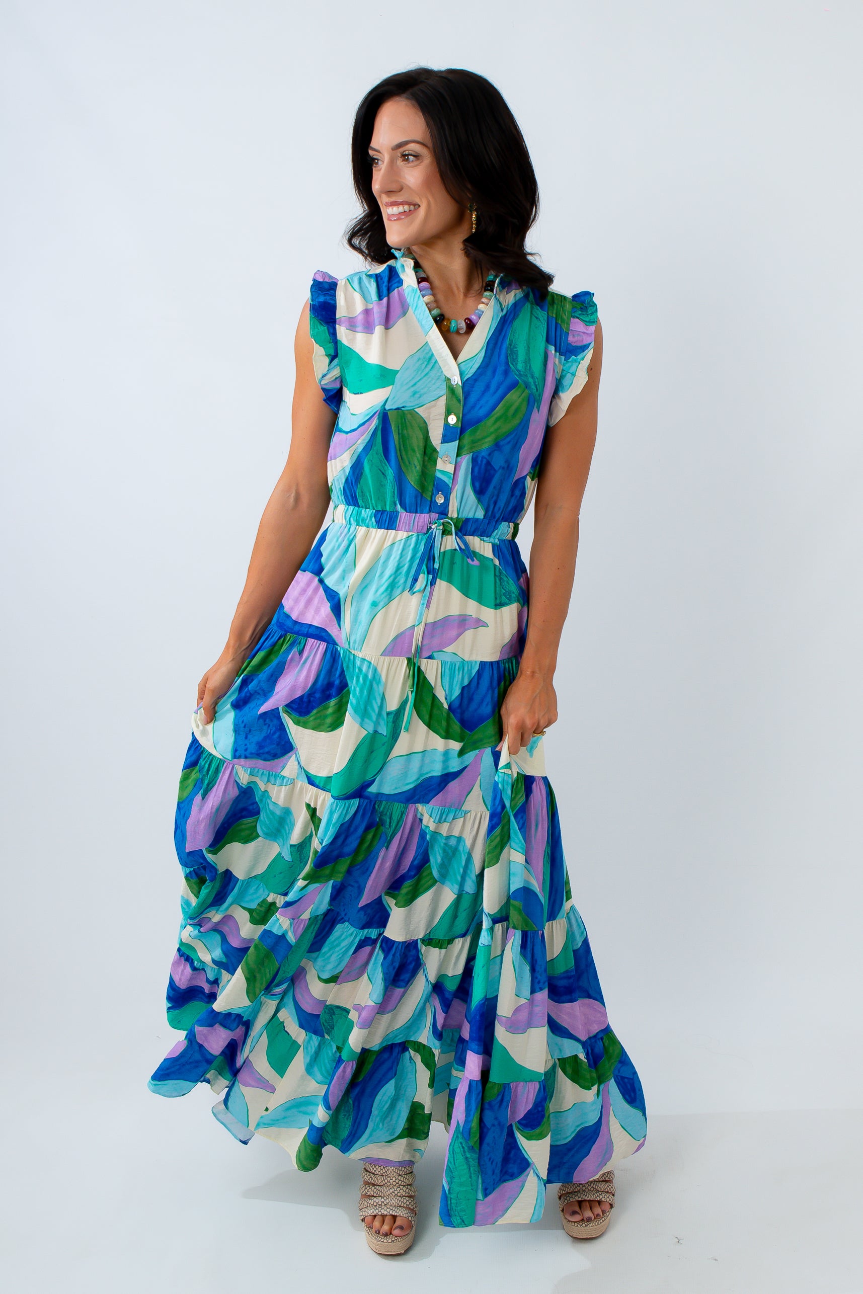 Taylor Cool Tropical Print Tiered Maxi Dress