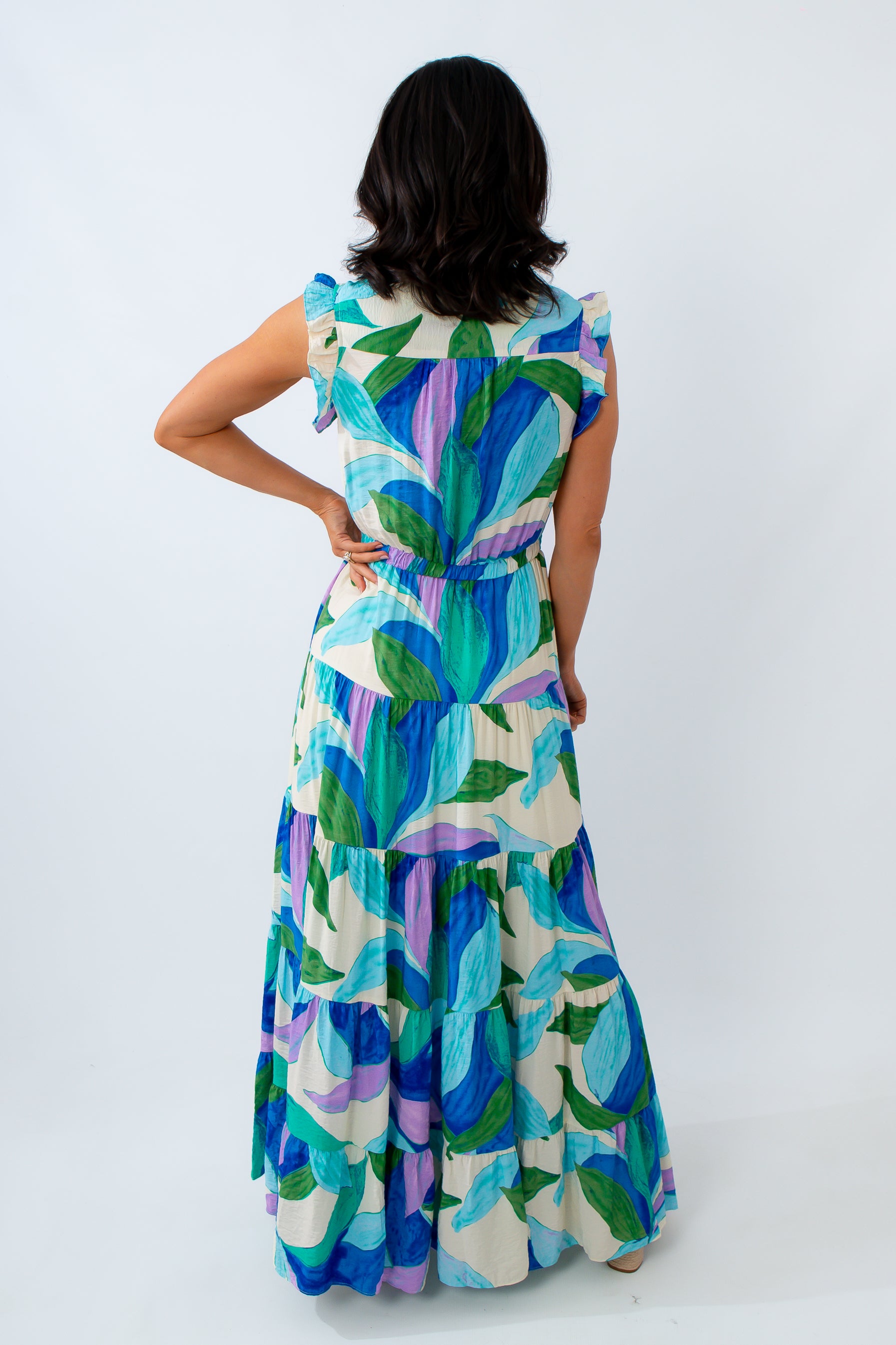 Taylor Cool Tropical Print Tiered Maxi Dress