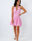 pink purple lilac mini dress with colorful jewelry 