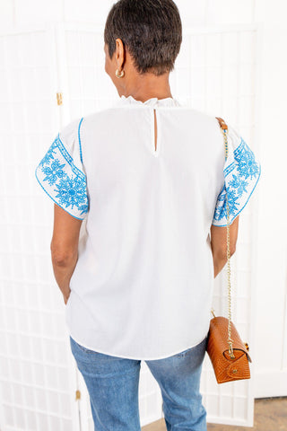 THML White & Blue Embroidered Sleeve Top-THML-L. Mae Boutique