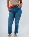 High-waisted cropped flare jeans medium wash, stretchy denim jeans, comfortable jeans